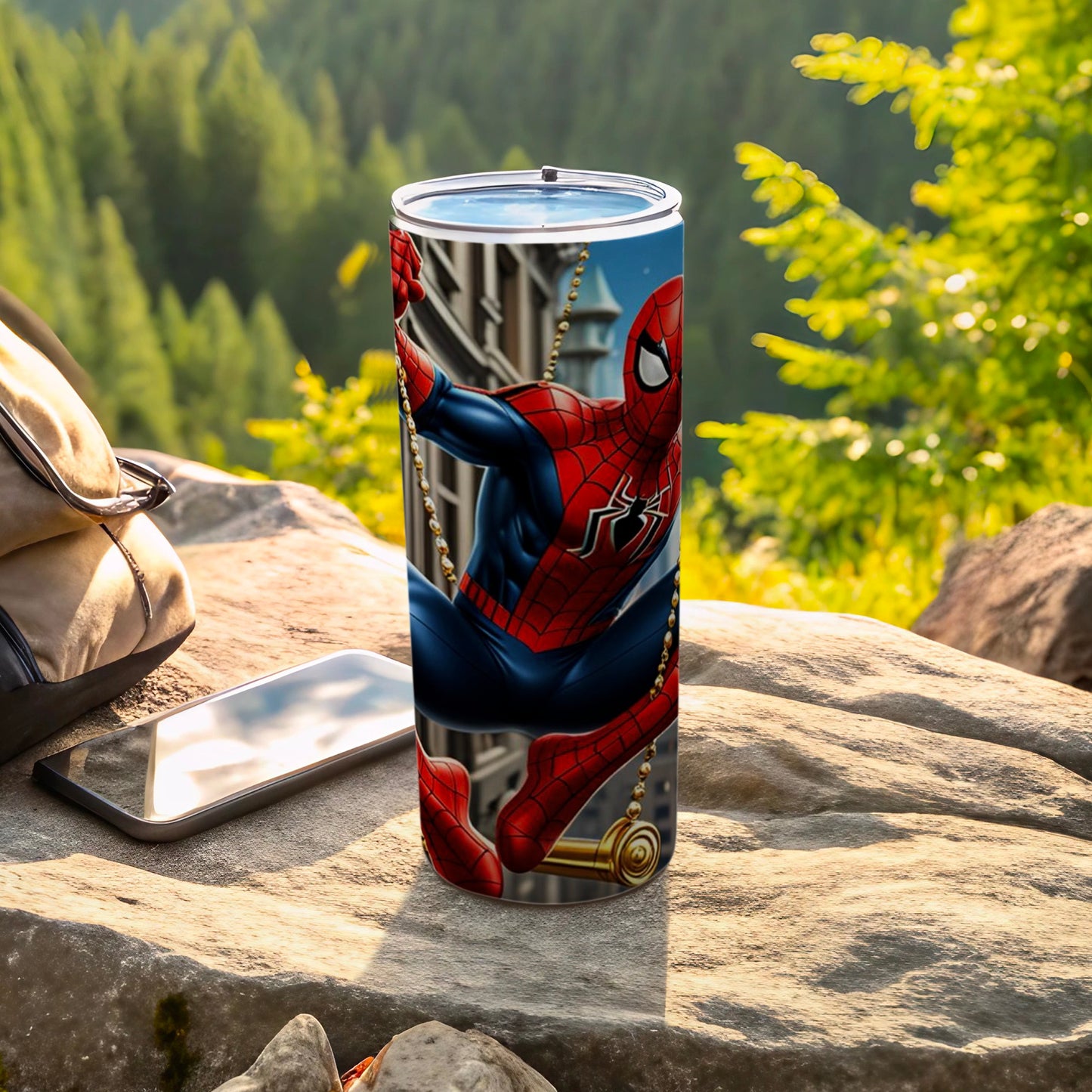 Spiderman Swinging Through City Travel Tumbler