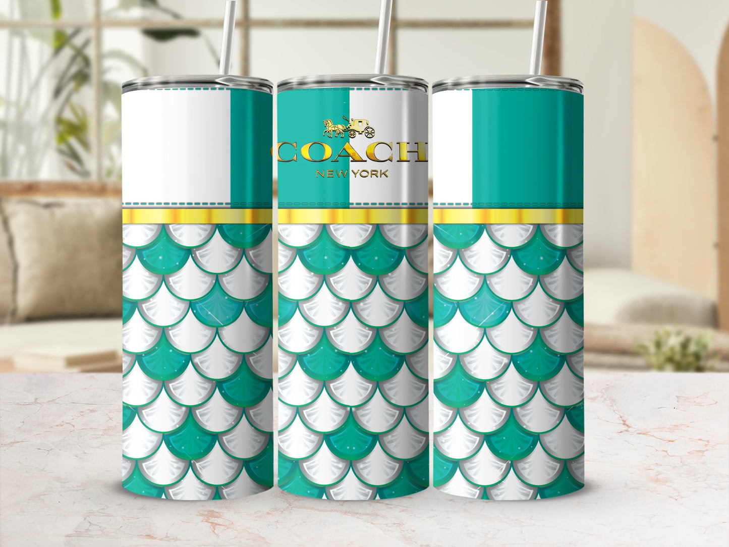 Three tumblers with teal and white scales, gold band, and COACH NEW YORK logo.