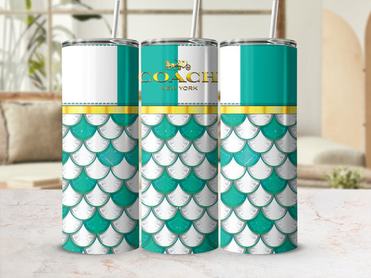 Three tumblers with teal and white scales, gold band, and COACH NEW YORK logo.