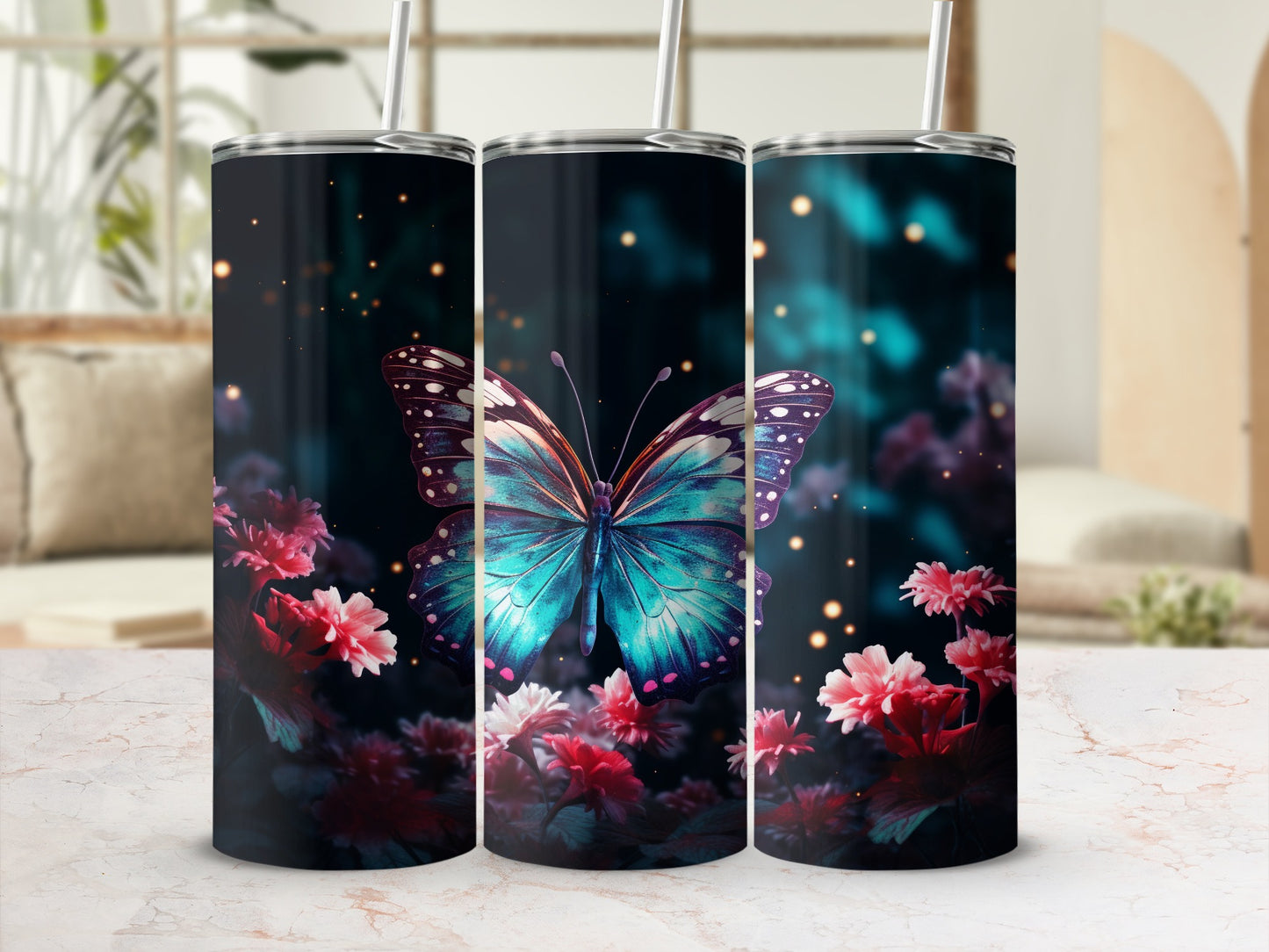 Mystical Butterfly Teal Wings Pink Blooms Night tumbler product type
