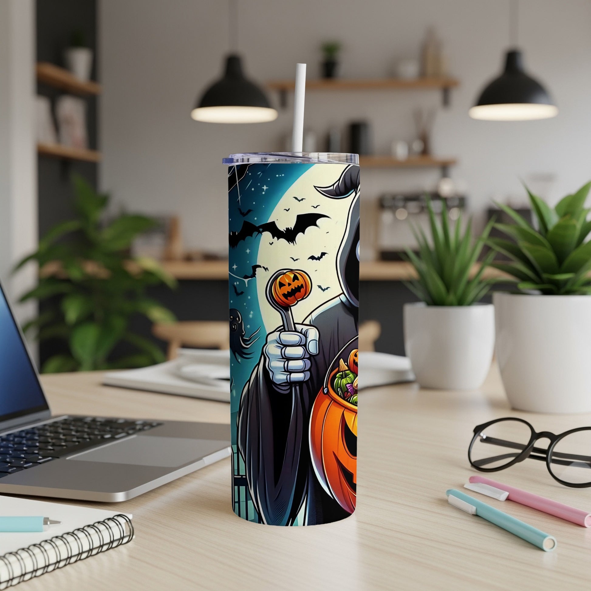 Tumbler with Grim Reaper holding pumpkin lollipop and candy bucket, Halloween theme.