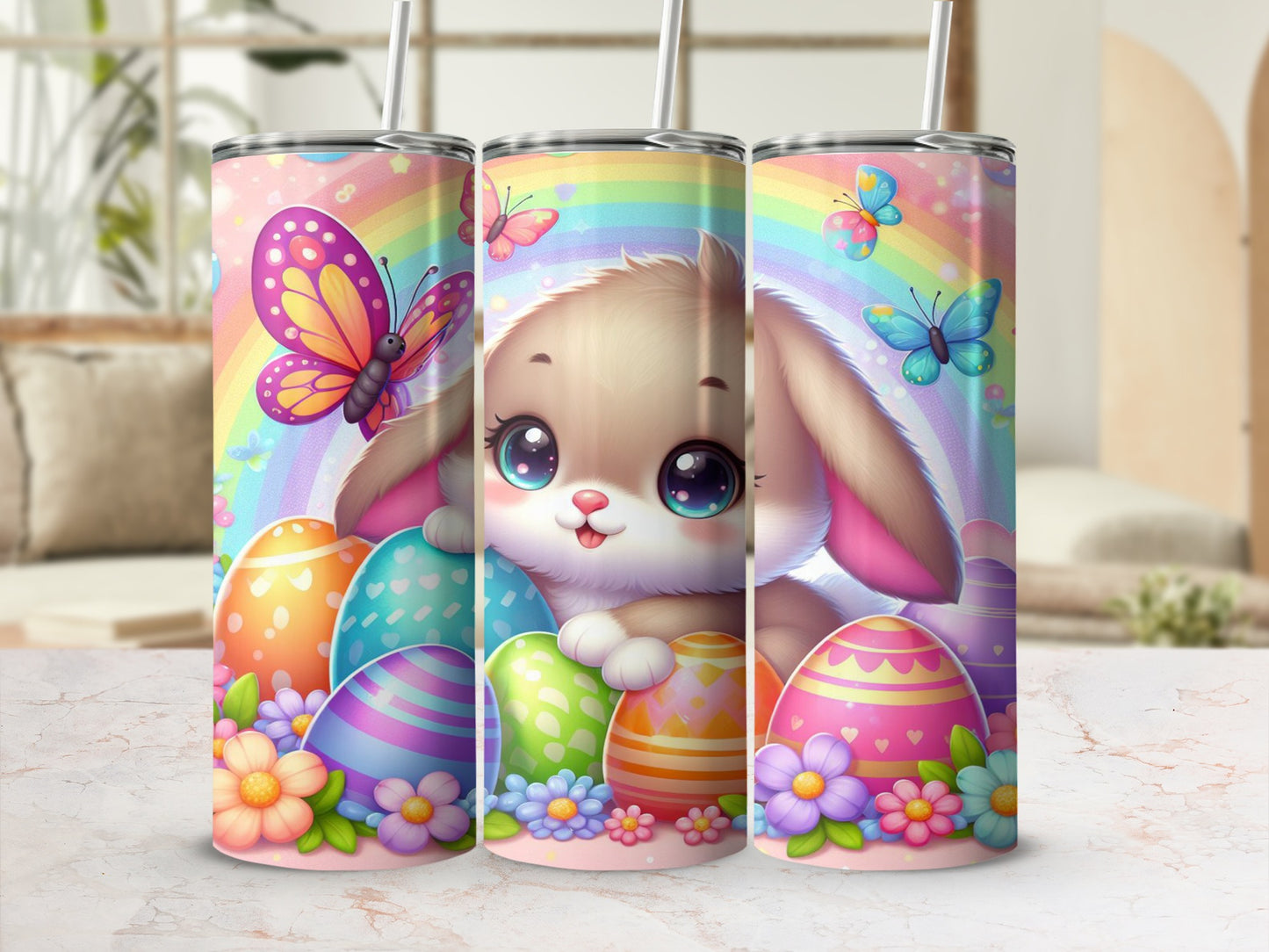 Easter bunny with colorful eggs and butterflies, rainbow background.