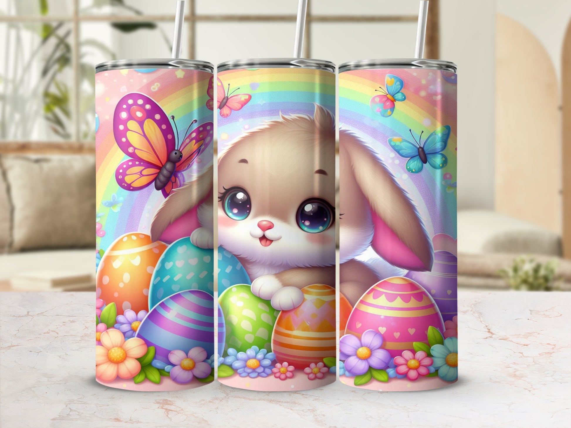Easter bunny with colorful eggs and butterflies, rainbow background.