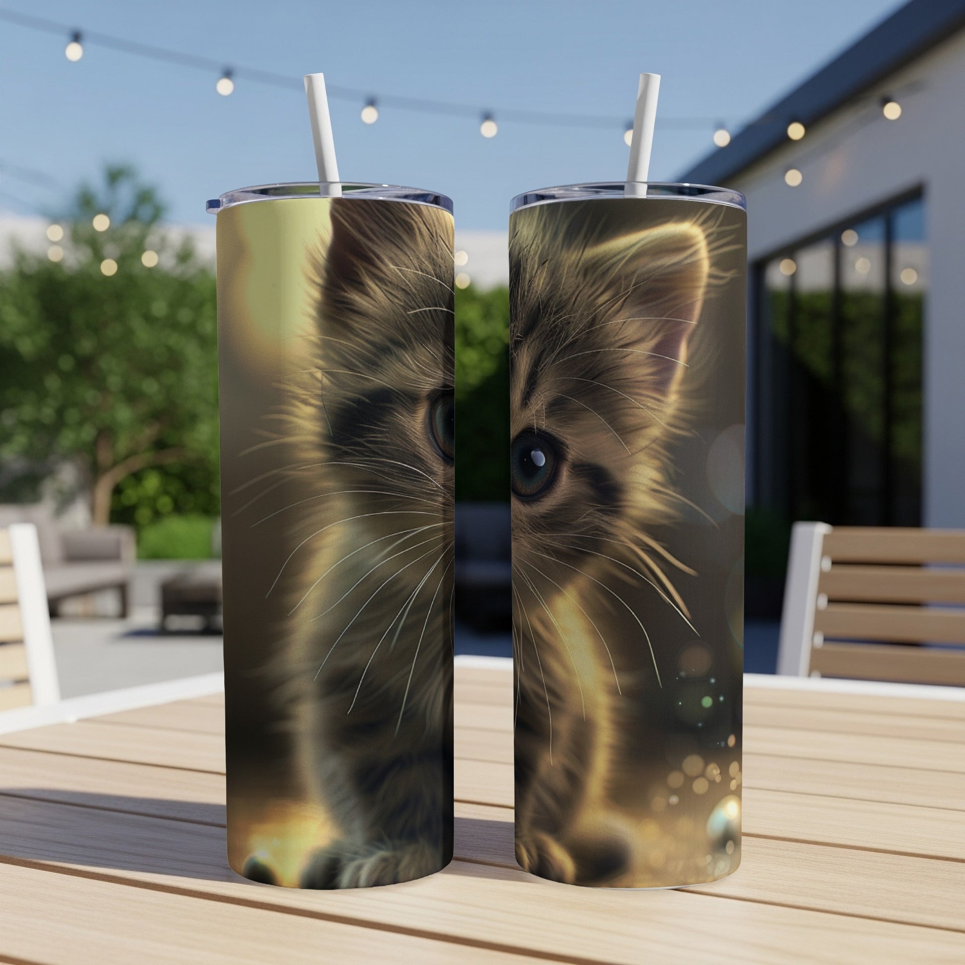 Two tumblers featuring a close-up of a fluffy kitten's face with glowing accents.