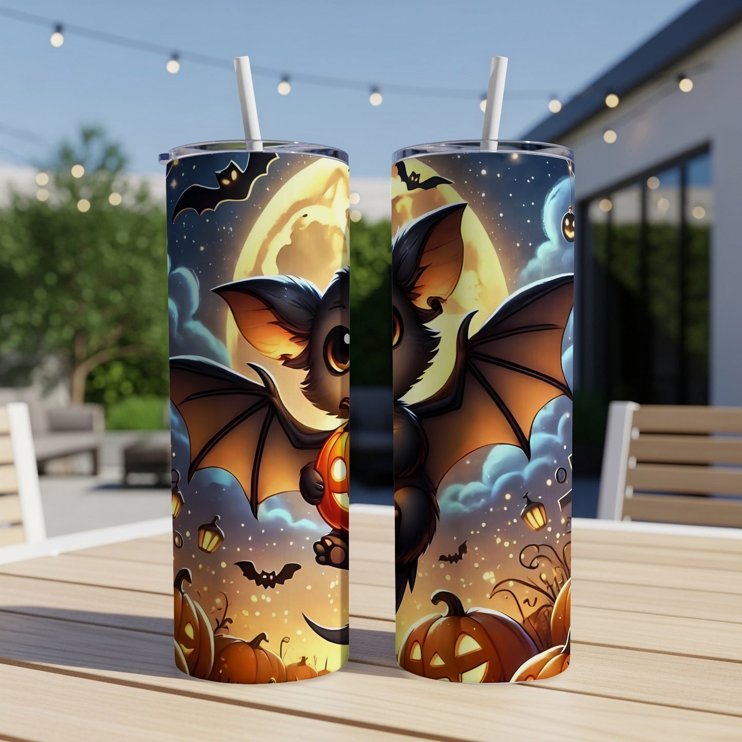 Halloween tumblers with bats, pumpkins, and a full moon against a starry sky.
