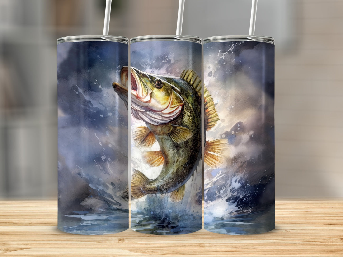 Jumping largemouth bass splashing in water, watercolor art on three tumblers.
