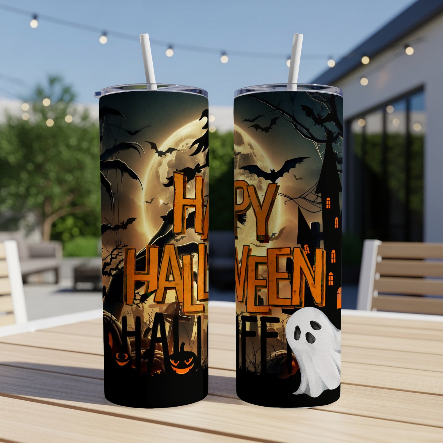 Halloween tumbler with spooky graveyard, bats, and ghost.