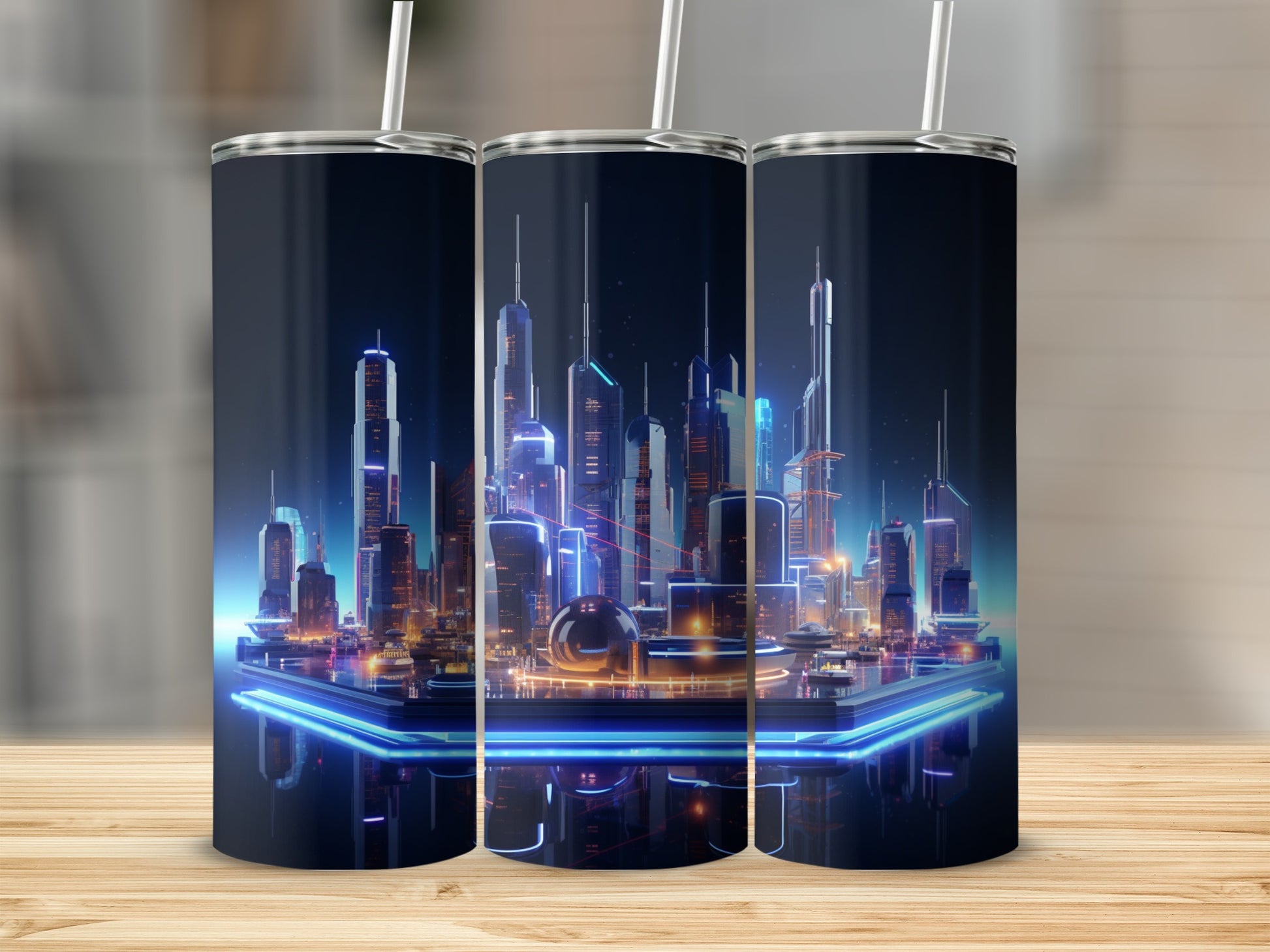 Futuristic Neon Skyline Artwork on Tumbler Cup Product