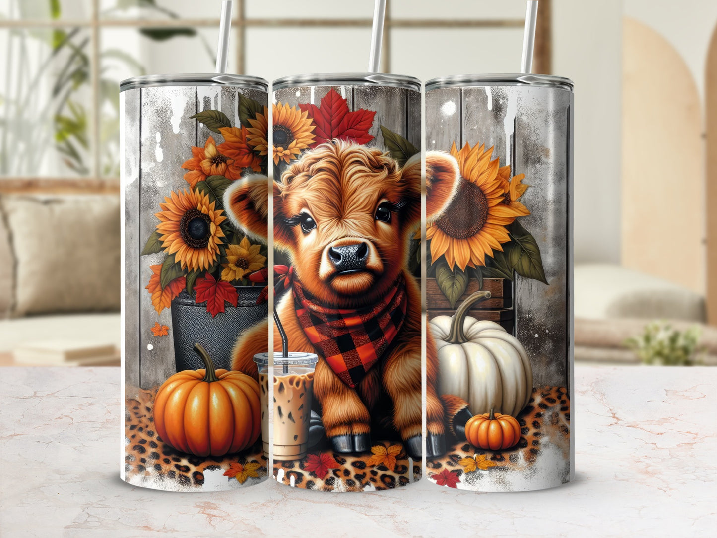 Cow with sunflowers, pumpkins, and leopard print pattern on a tumbler.