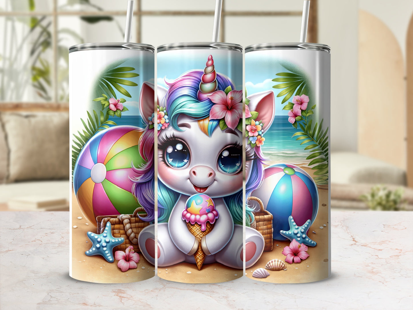 Cute cartoon unicorn holding an ice cream cone on a beach.