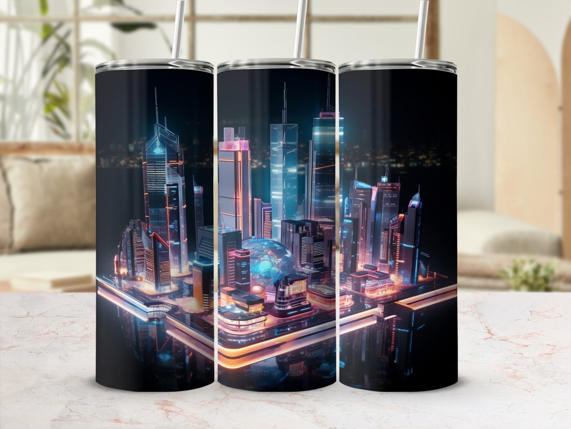 Futuristic Neon Cityscape Design Tumbler