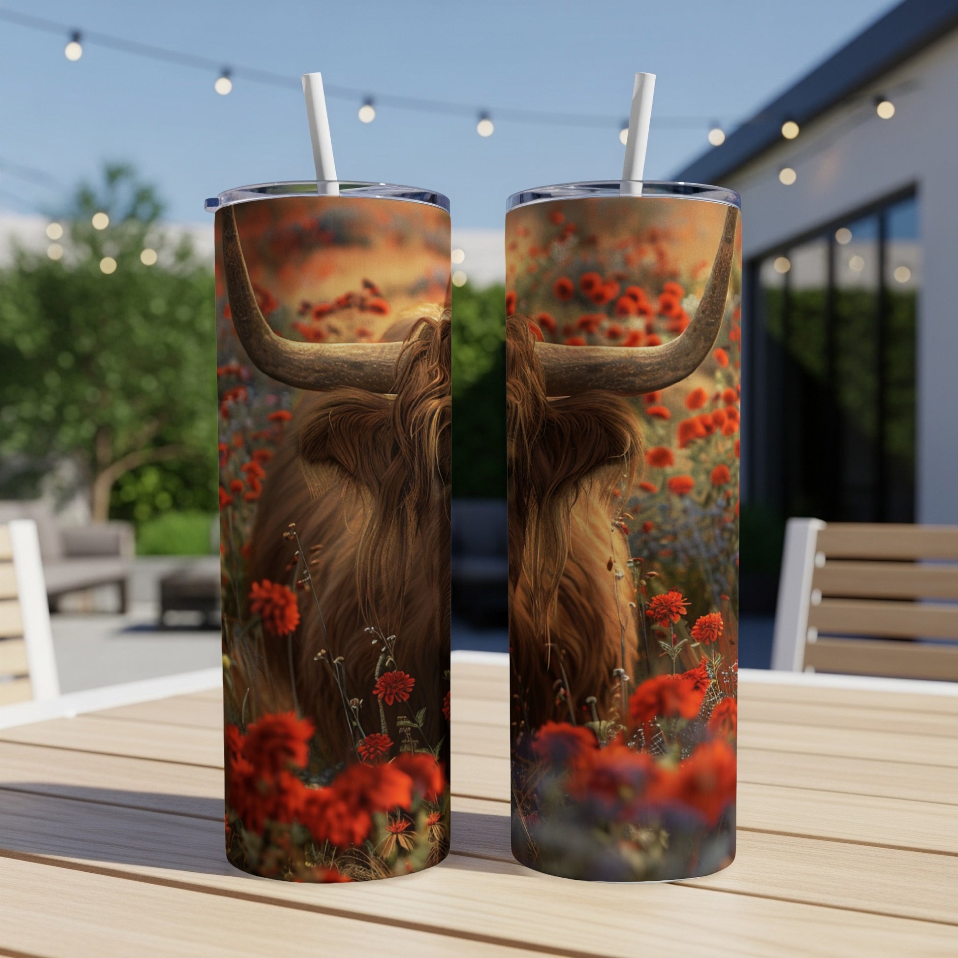 Highland cow in a field of red poppies on a tumbler.