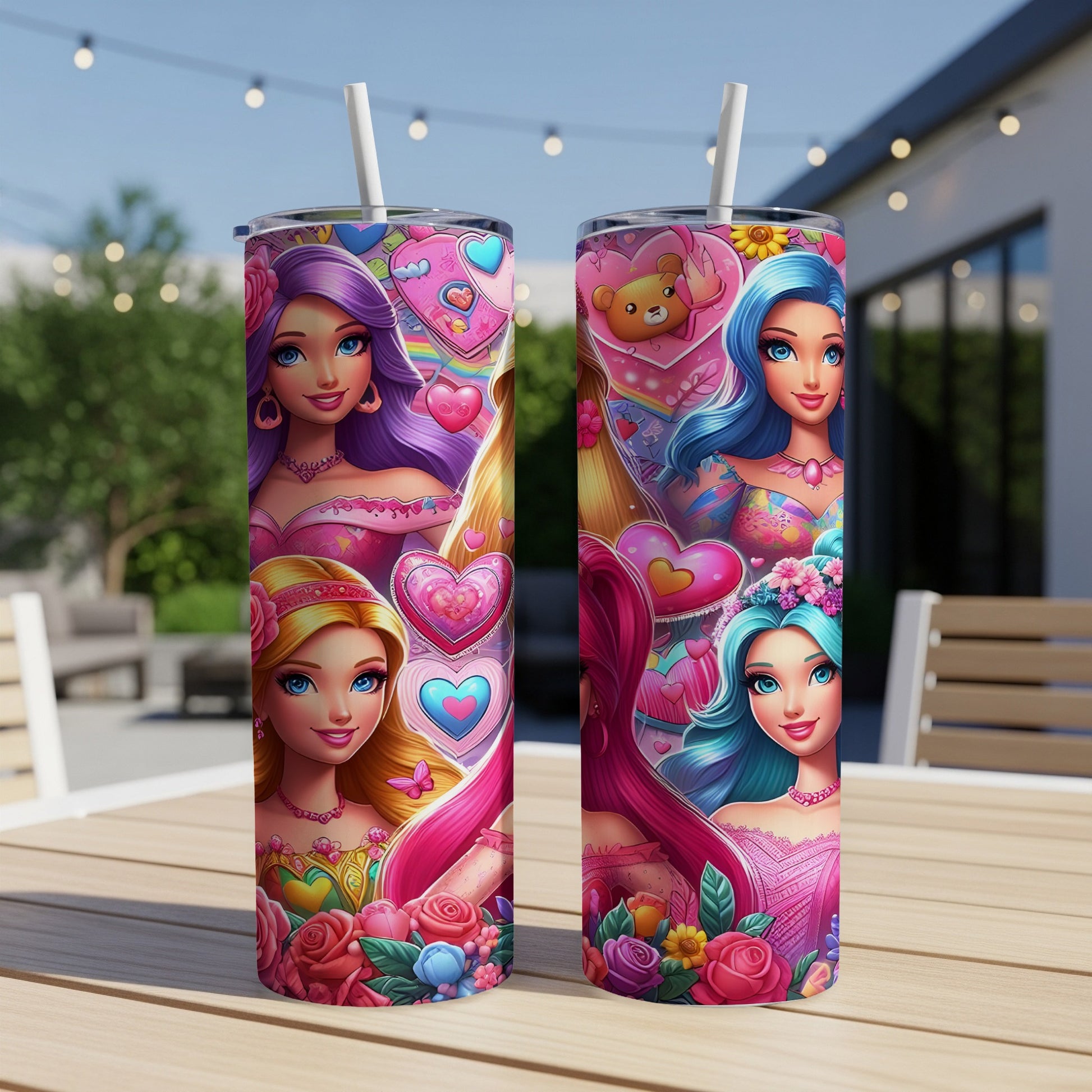 Two tumblers with colorful cartoon princesses, hearts, and teddy bears.