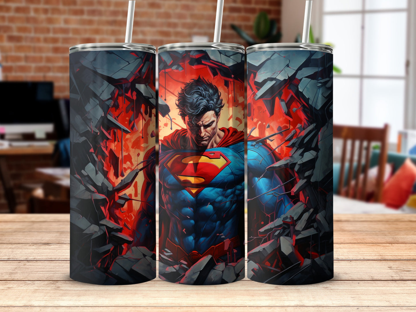 Superhero Breaking Through Wall Detailed Art Tumbler