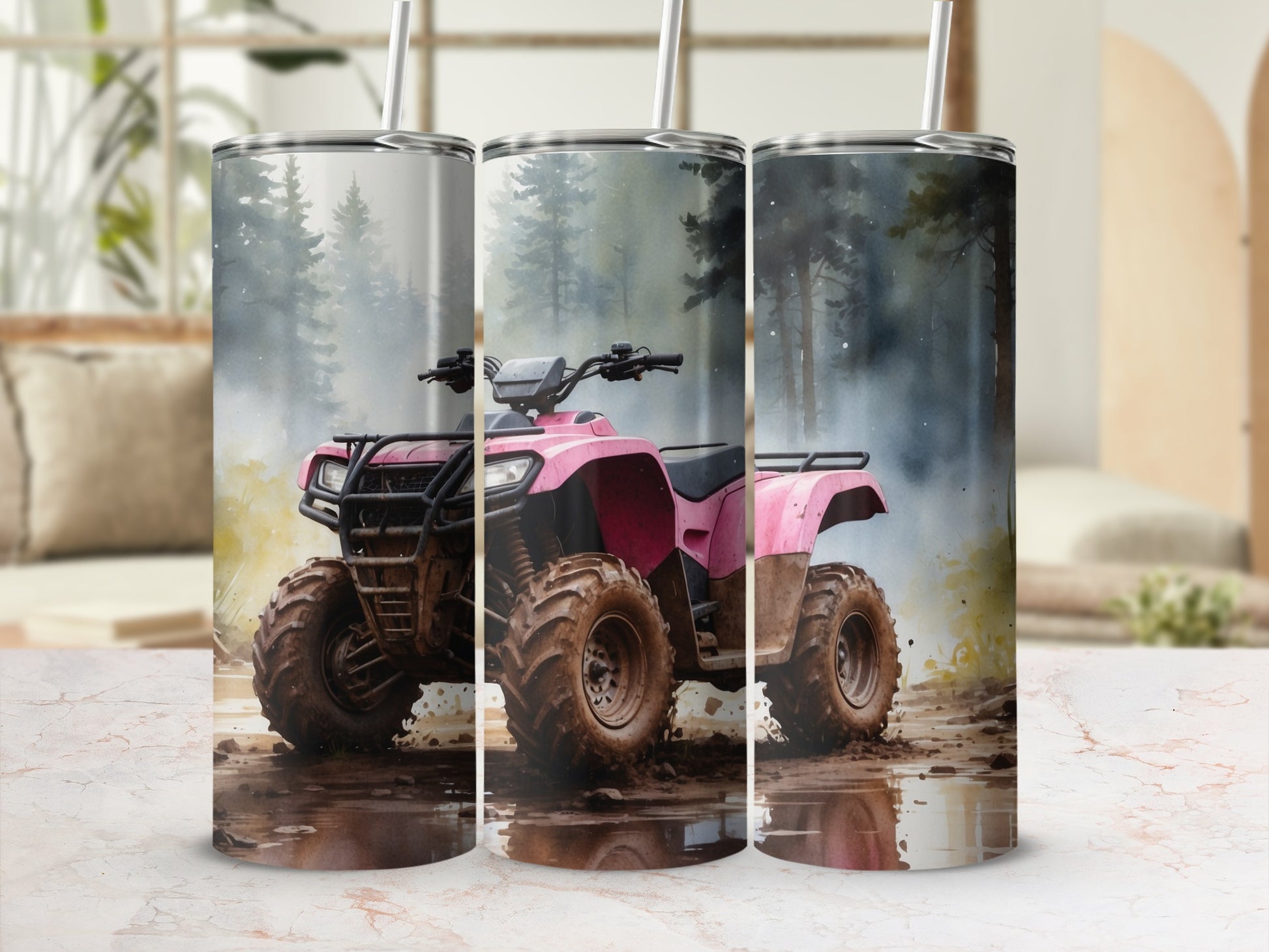 Pink ATV in muddy terrain with forest background.