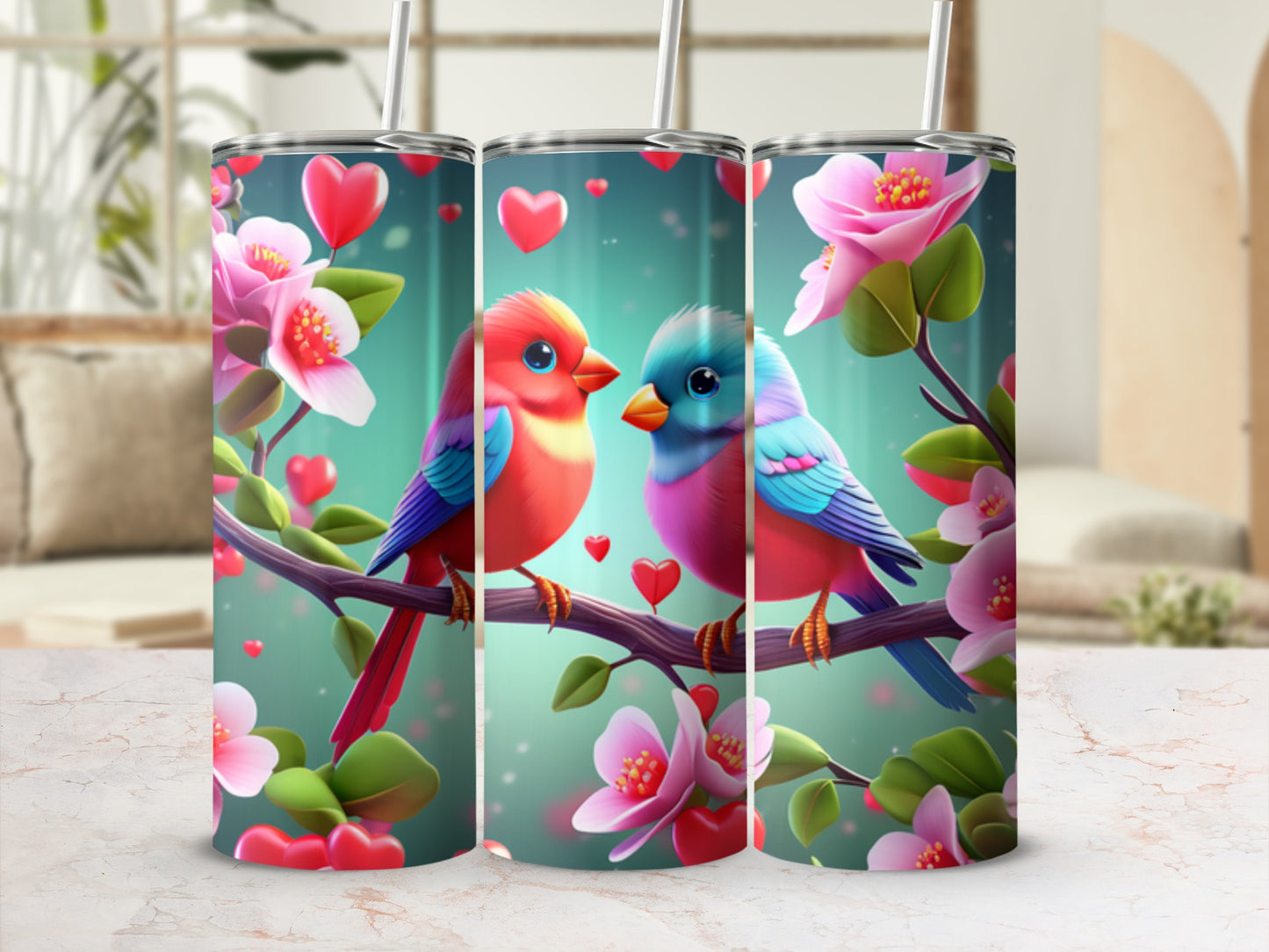 Two colorful lovebirds perched on a branch with pink flowers and hearts.