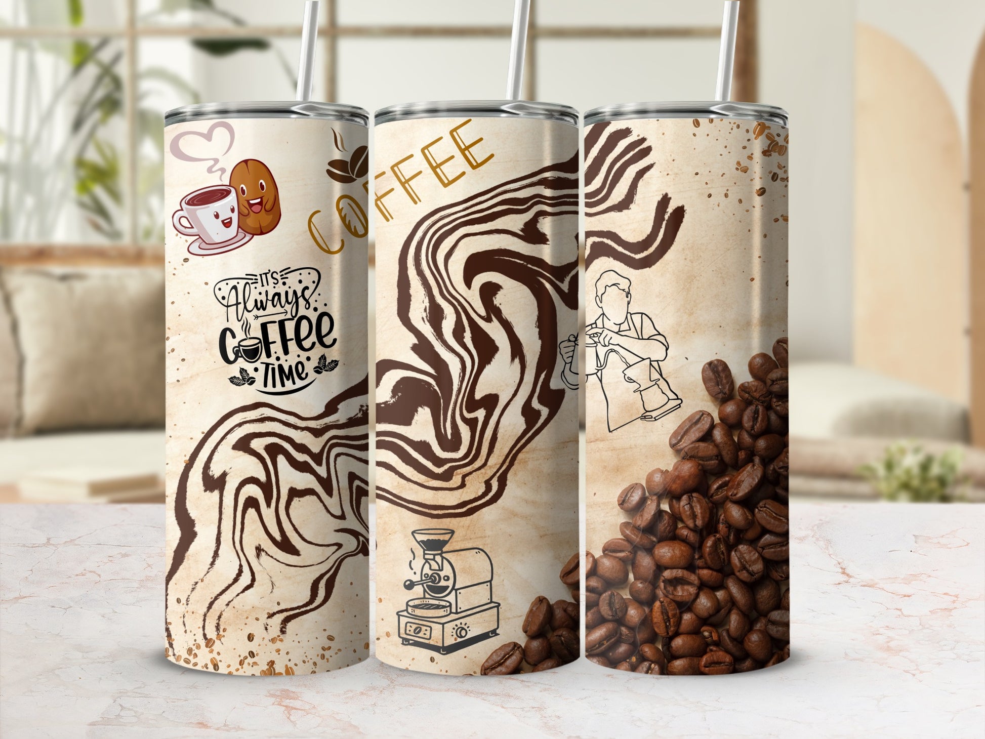 Coffee Time Artistic Tumblers with Coffee Bean Designs