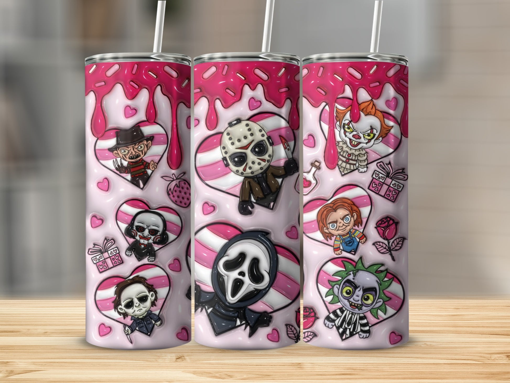 Horror Characters Tumbler with Pink Drip Design