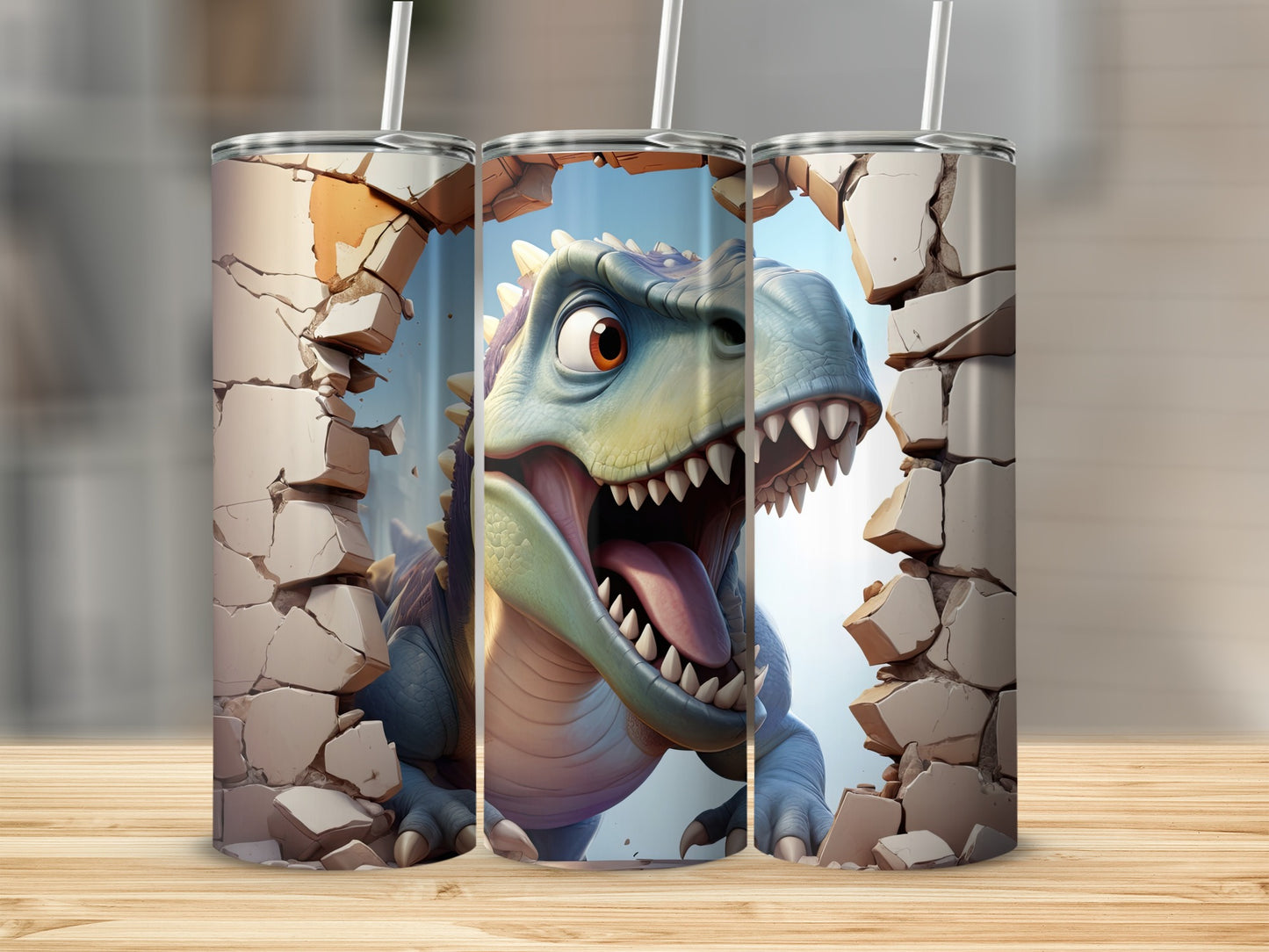 Dinosaur breaking through cracked wall, design for a tumbler.
