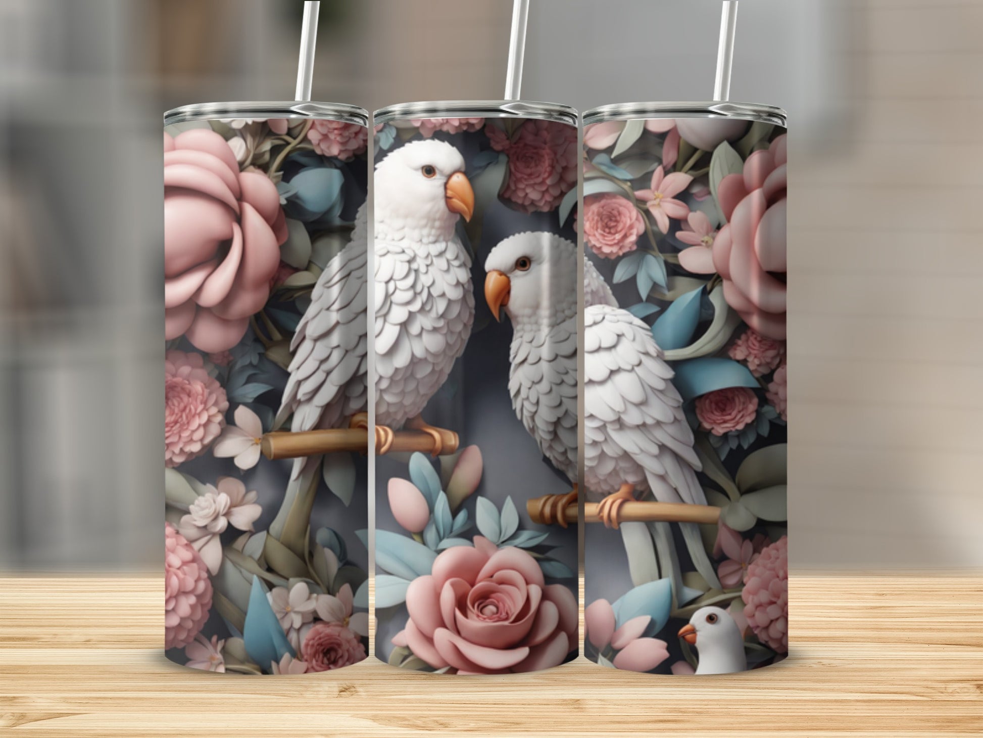 Two white parrots perch on branches surrounded by pink and blue flowers.