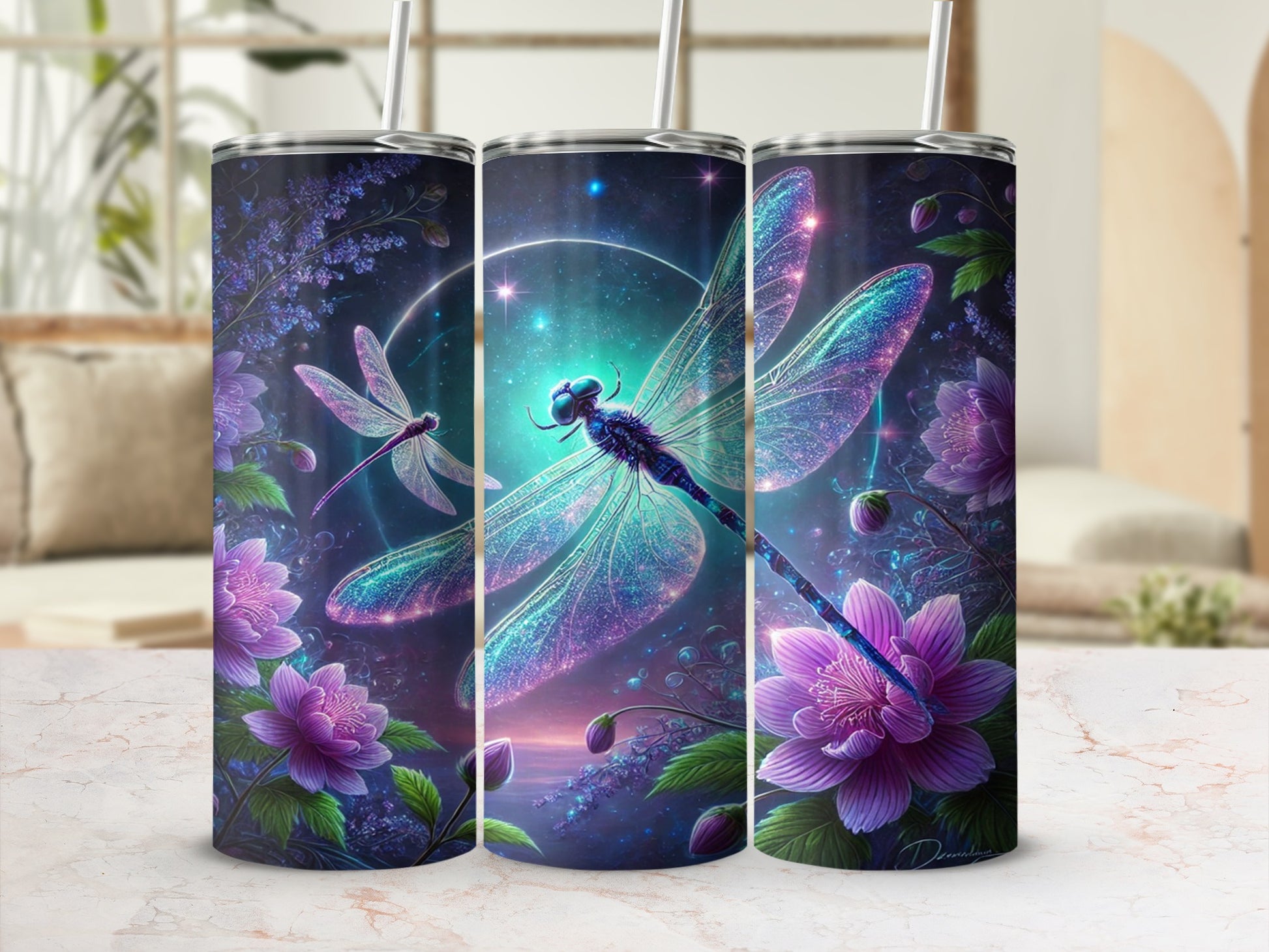 Enchanting Dragonfly and Floral Art Design Tumbler