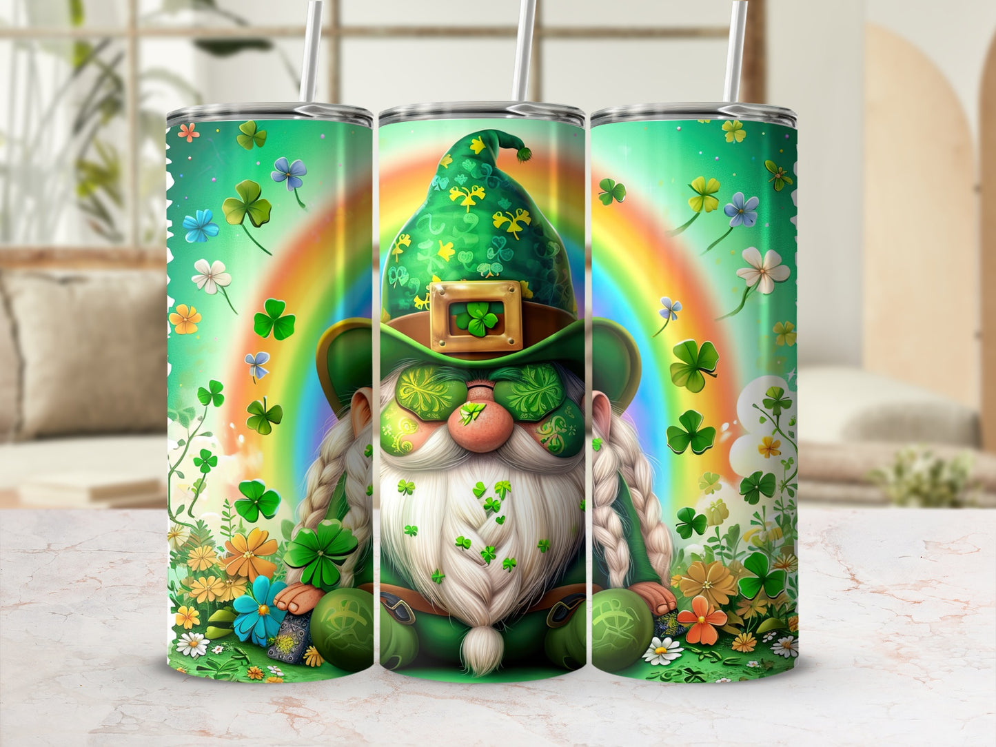 Green gnome with shamrocks and rainbow background, on three tumblers.