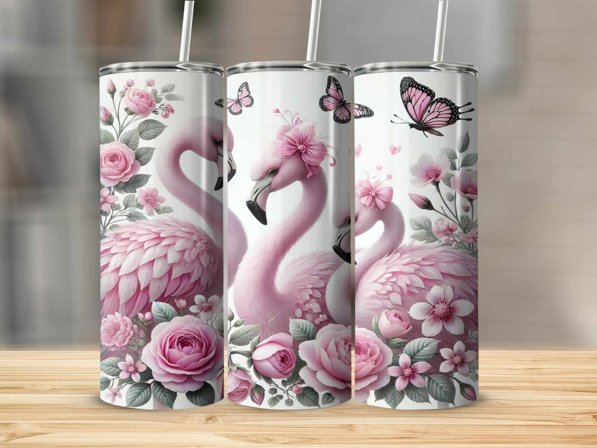 Pink Flamingos and Roses Butterflies Tumbler