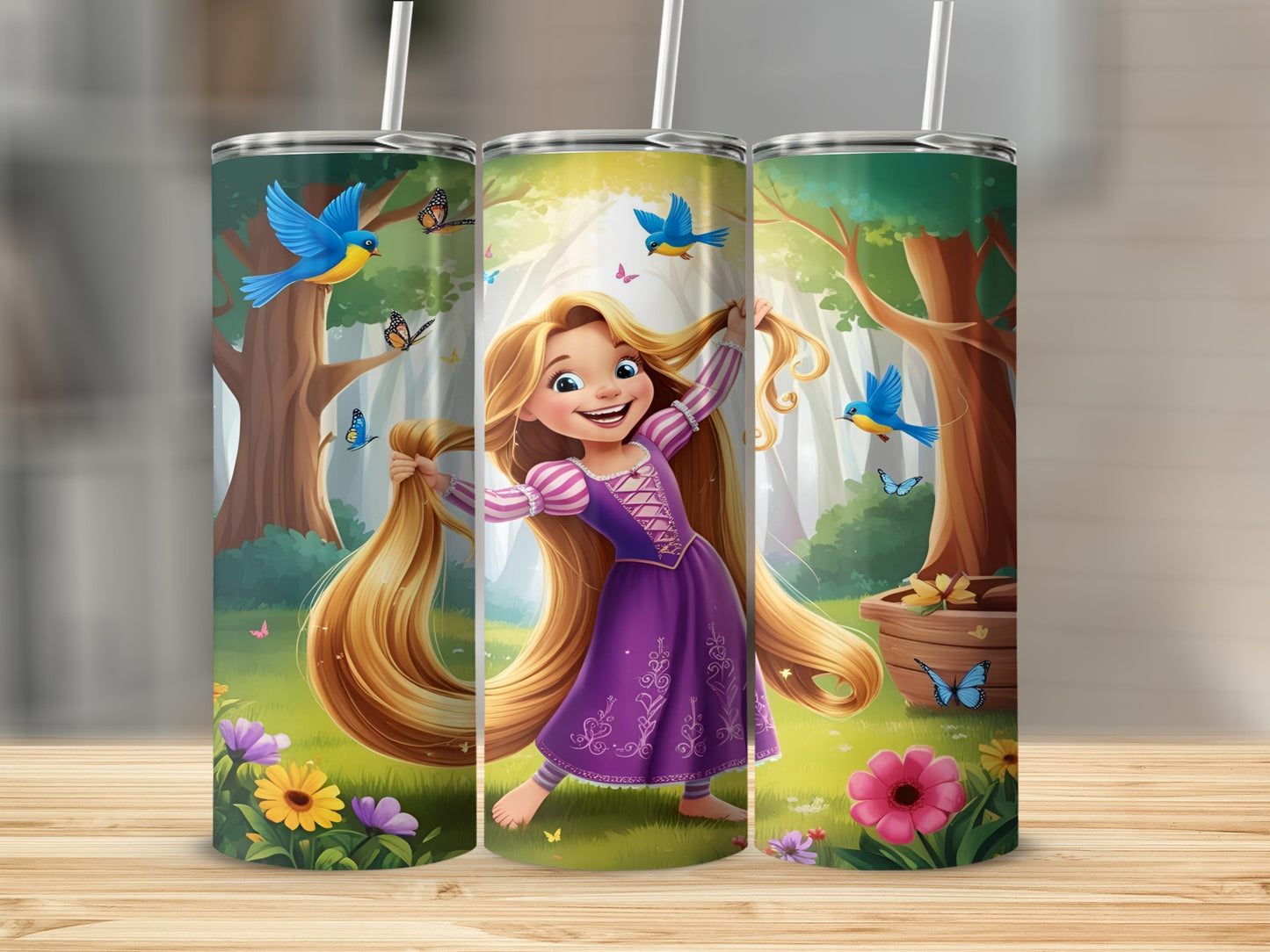Rapunzel in a purple dress with long blonde hair in a forest scene.