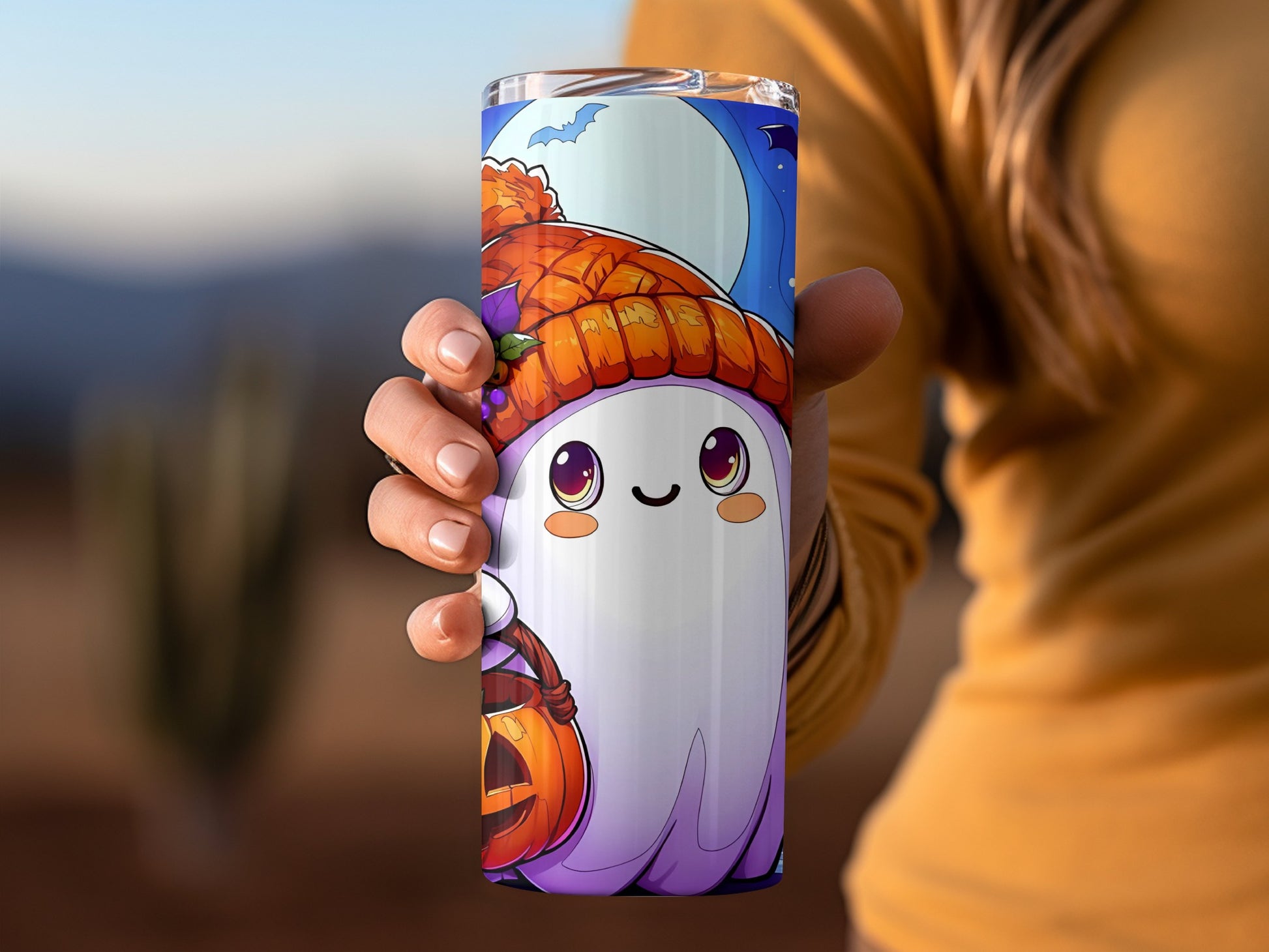 Adorable Ghost in Pumpkin Hat Halloween Tumbler