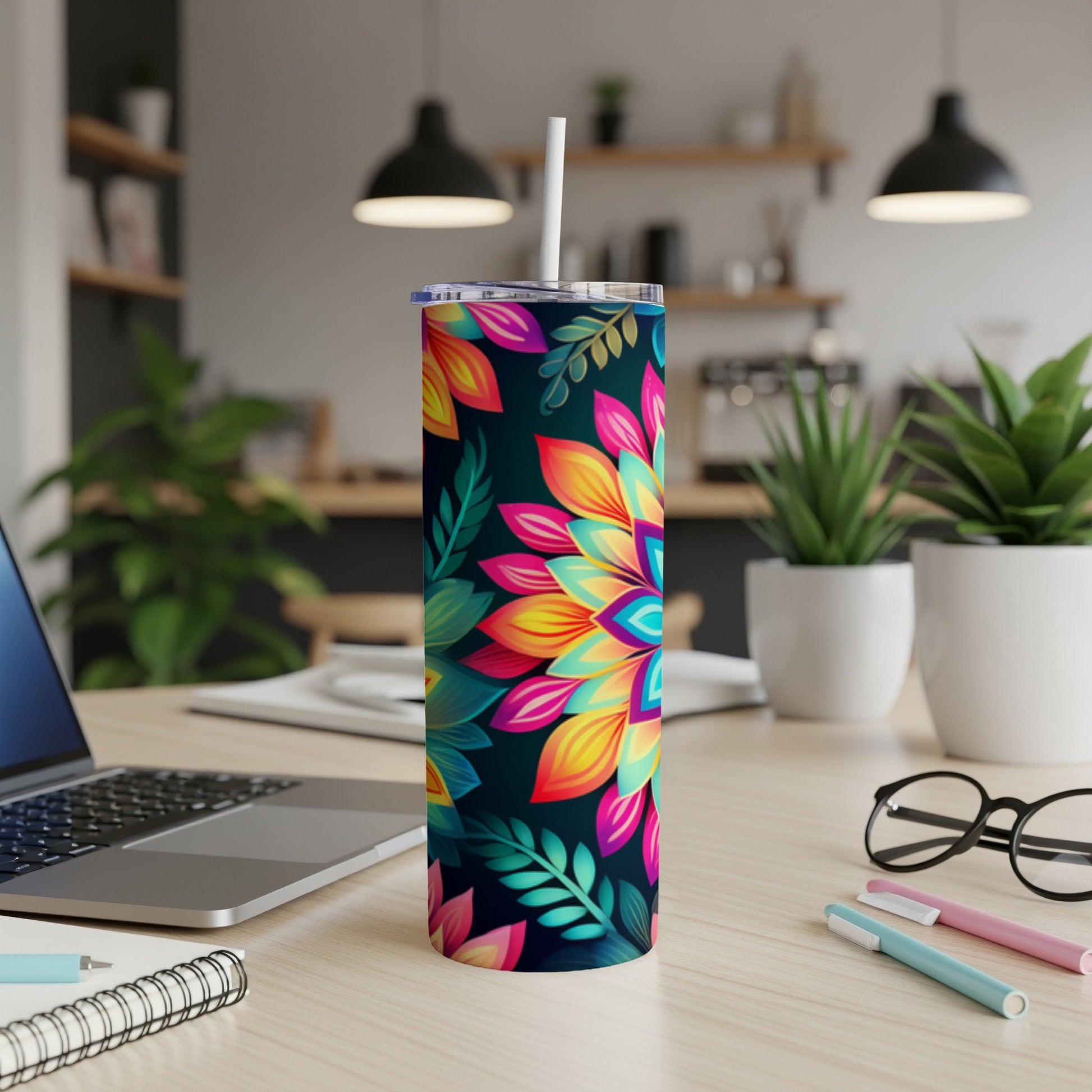Floral pattern tumbler with straw on a desk next to a laptop.