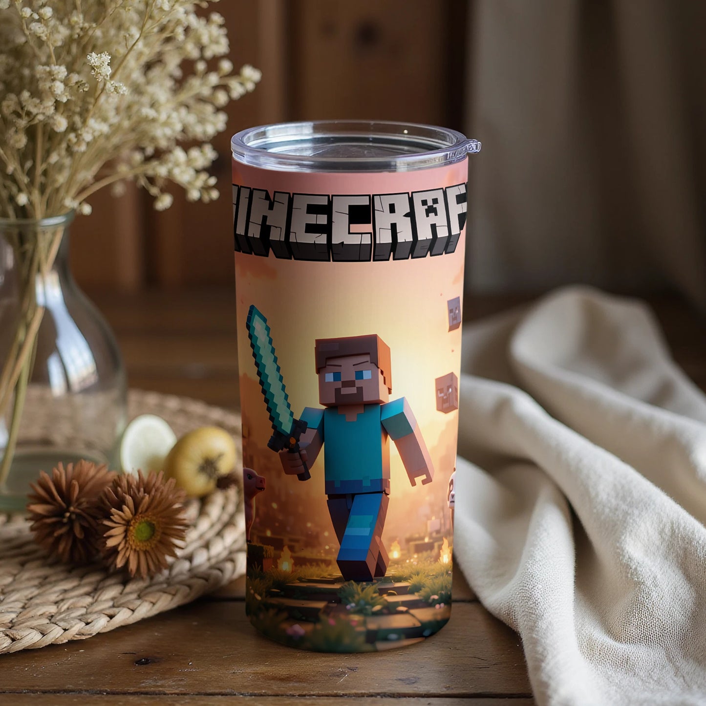 Minecraft-themed tumbler with iconic character design