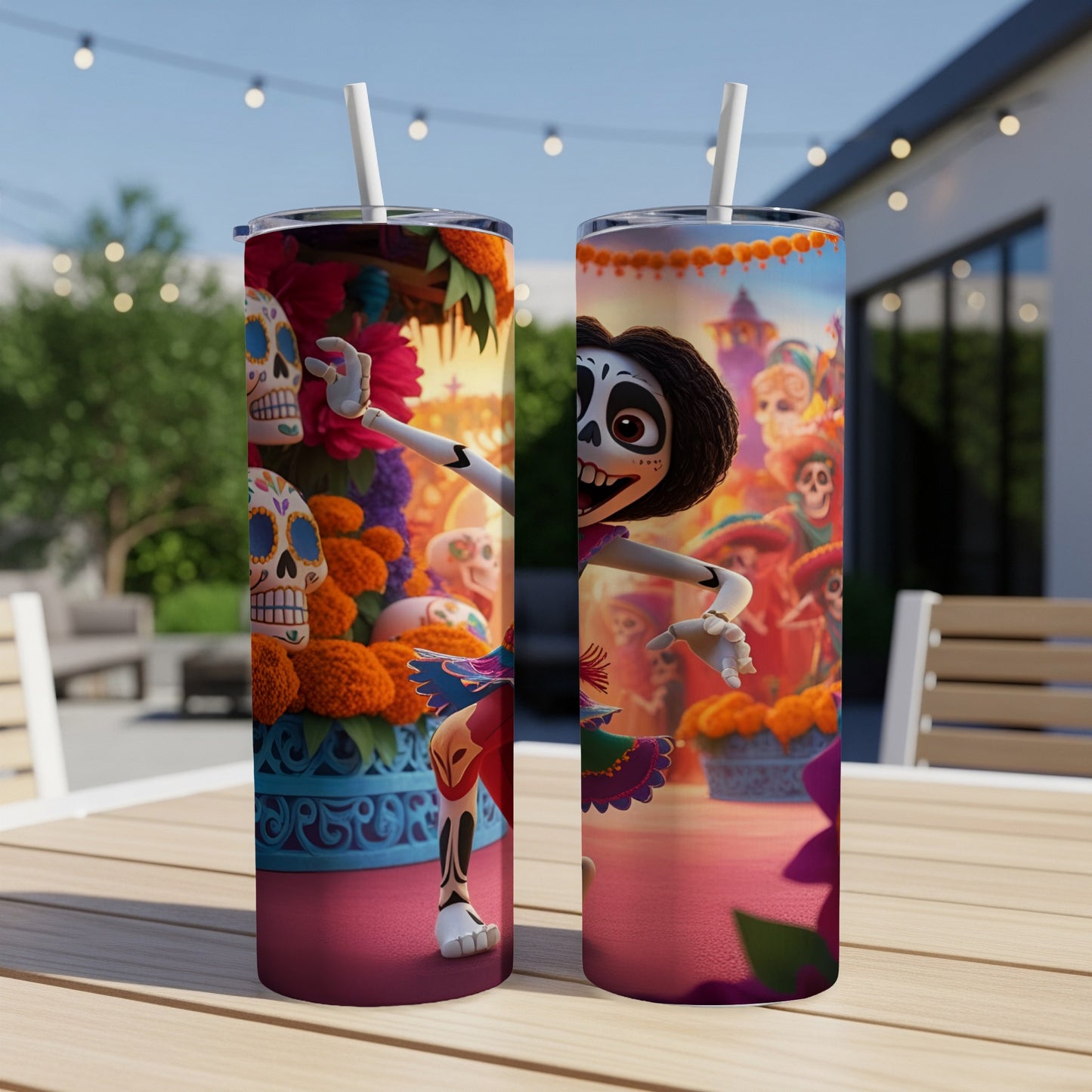 Two tumblers featuring a character from Coco against a Day of the Dead altar backdrop.
