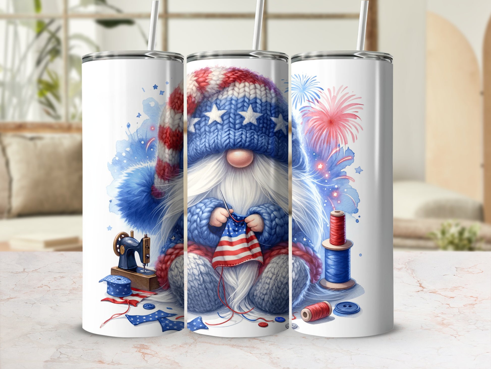 Gnome knitting an American flag with sewing notions and fireworks.