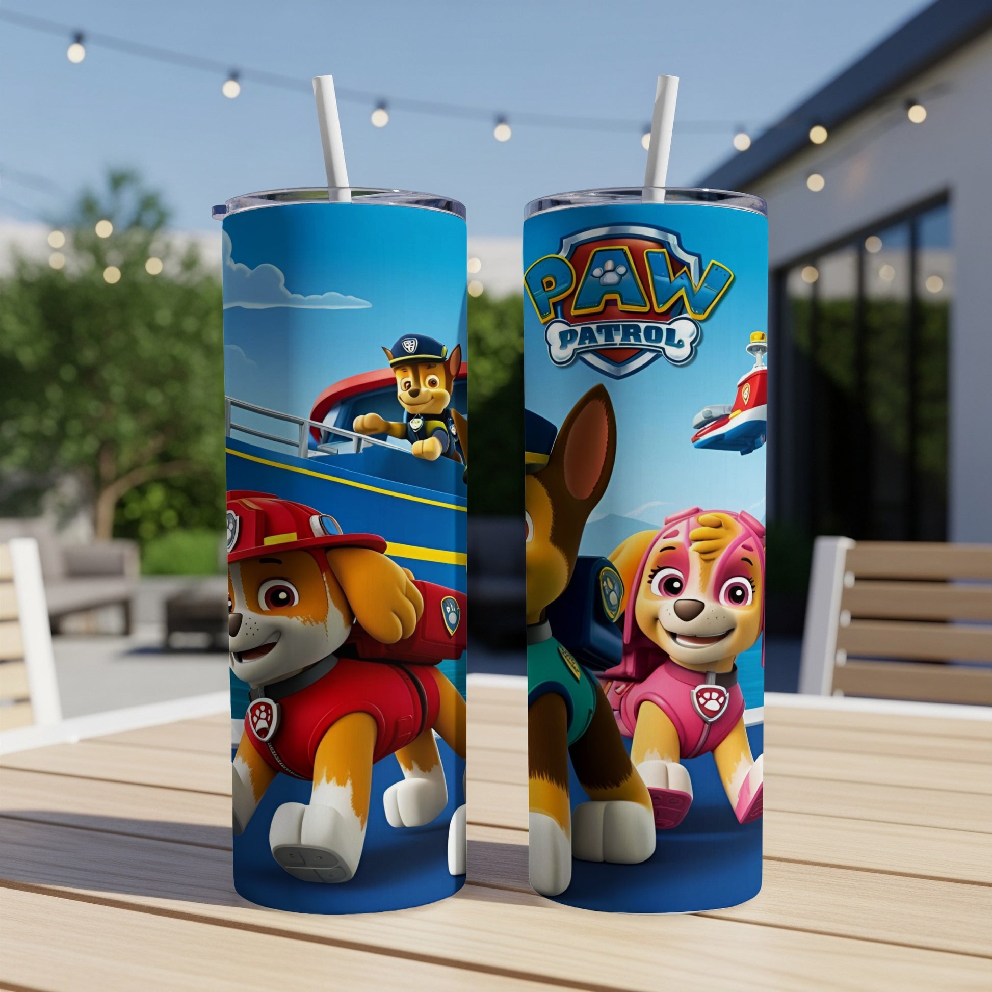 Paw Patrol characters Chase and Skye on blue tumblers with straw.