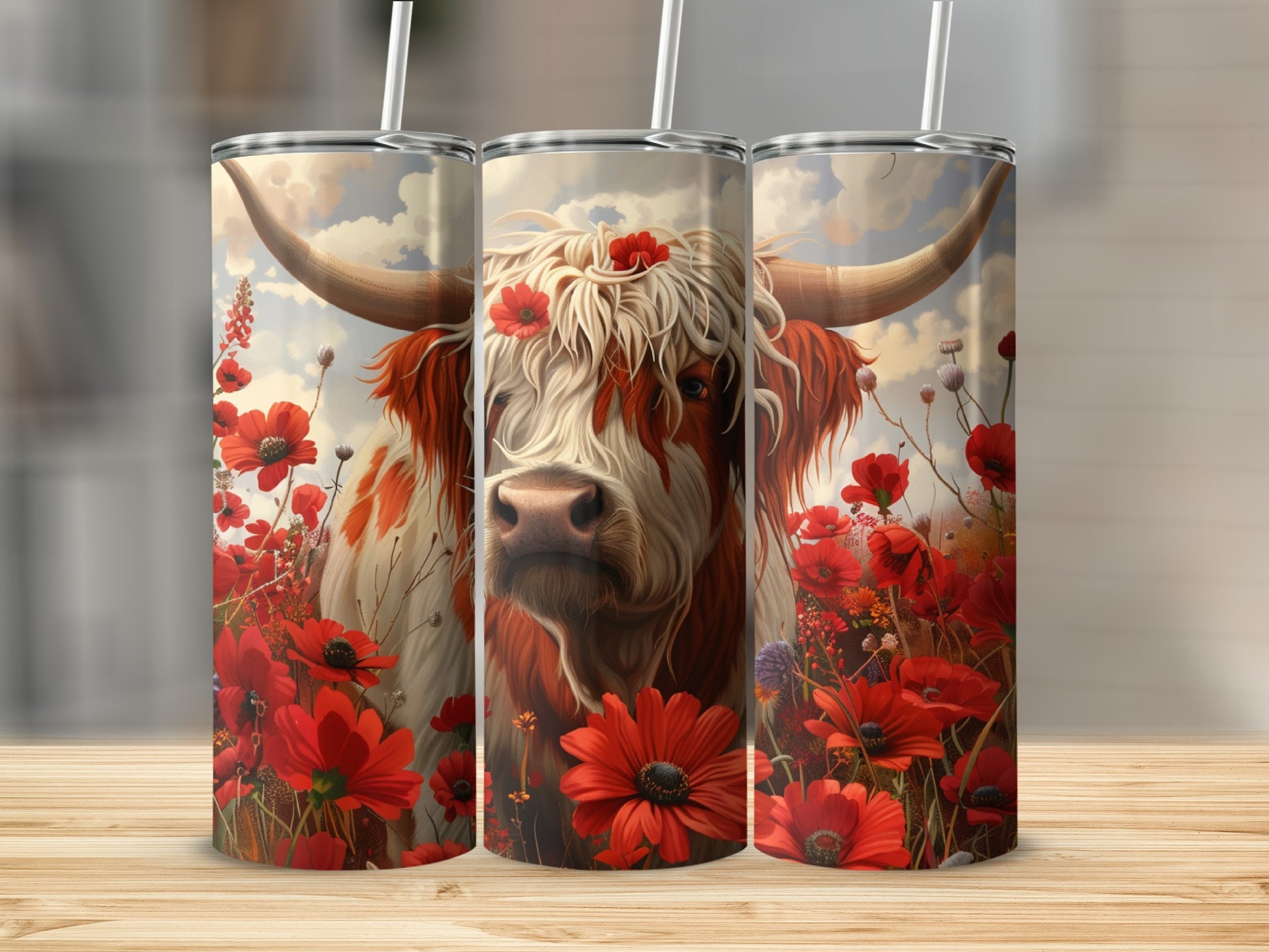 Highland cow with red poppies on a tumbler, with a white straw.
