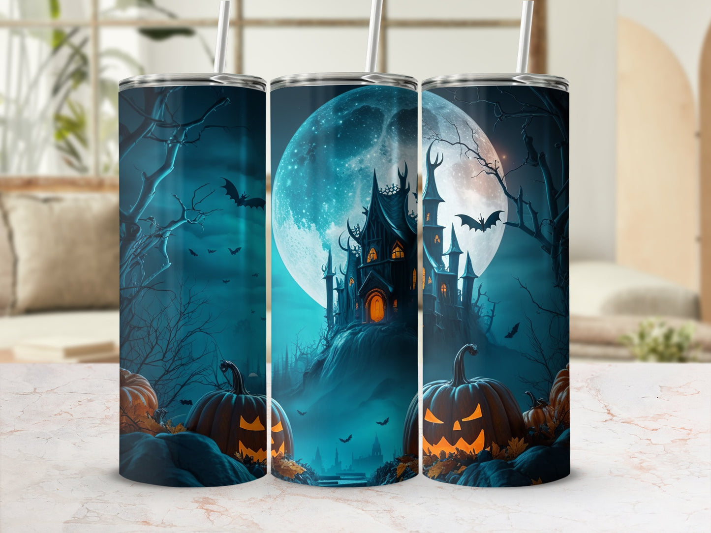 Halloween Haunted House Scene with Pumpkins Tumbler