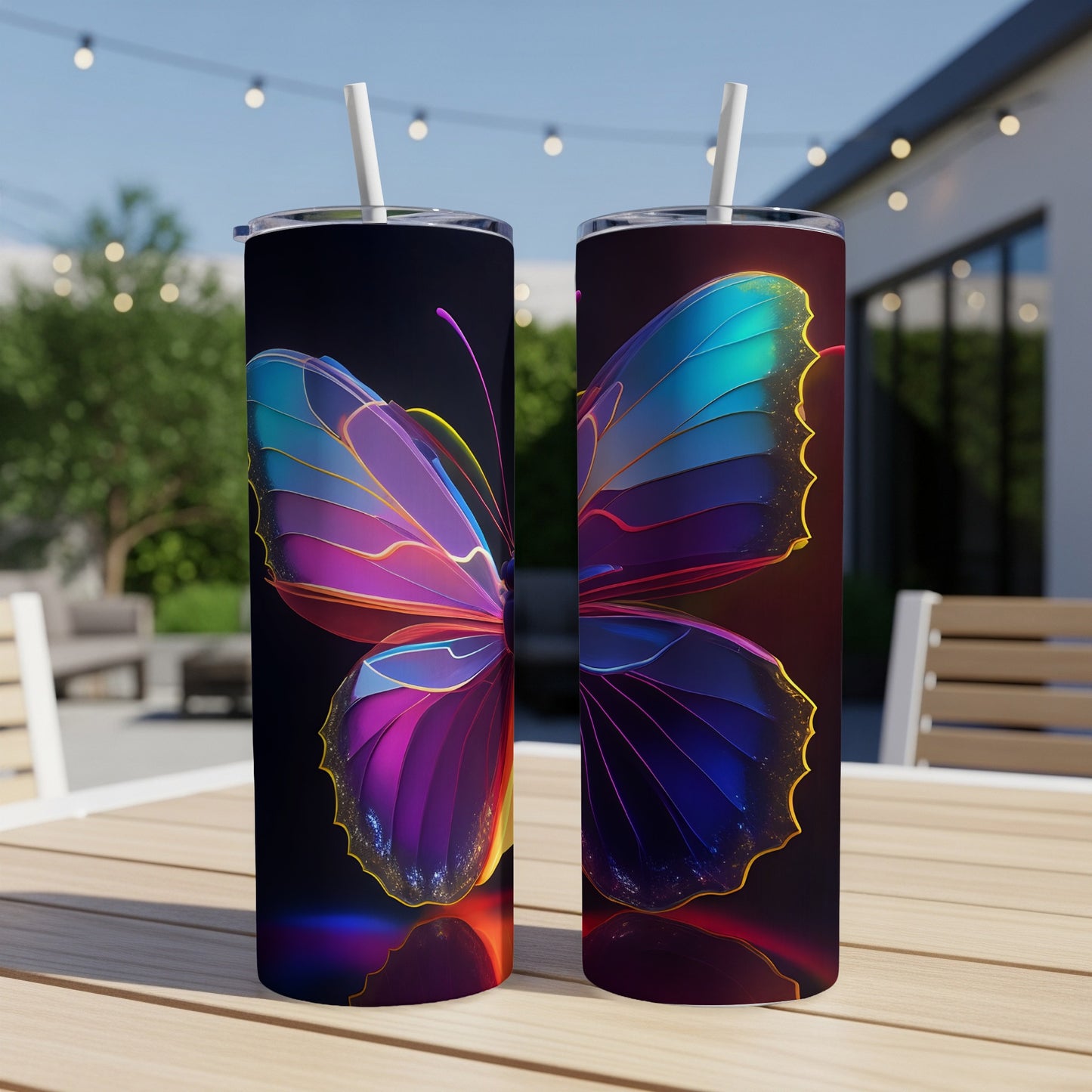 Two colorful iridescent butterfly tumblers on a wooden table.