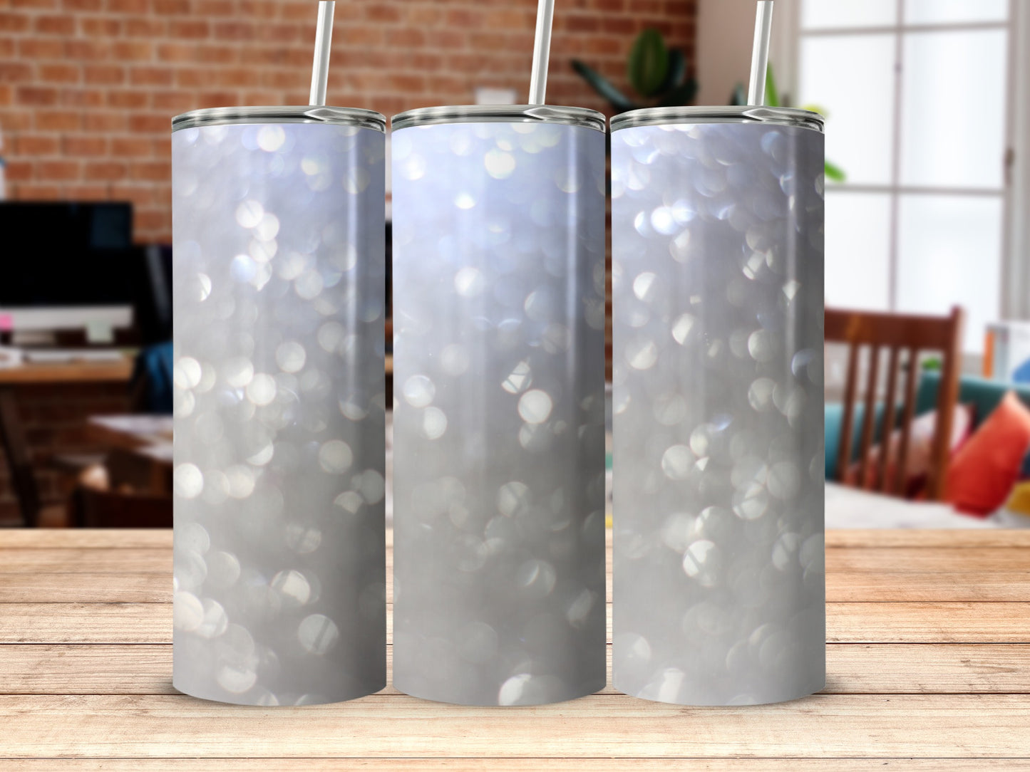 Sparkling Silver Tumbler with Glittery Bokeh Effect