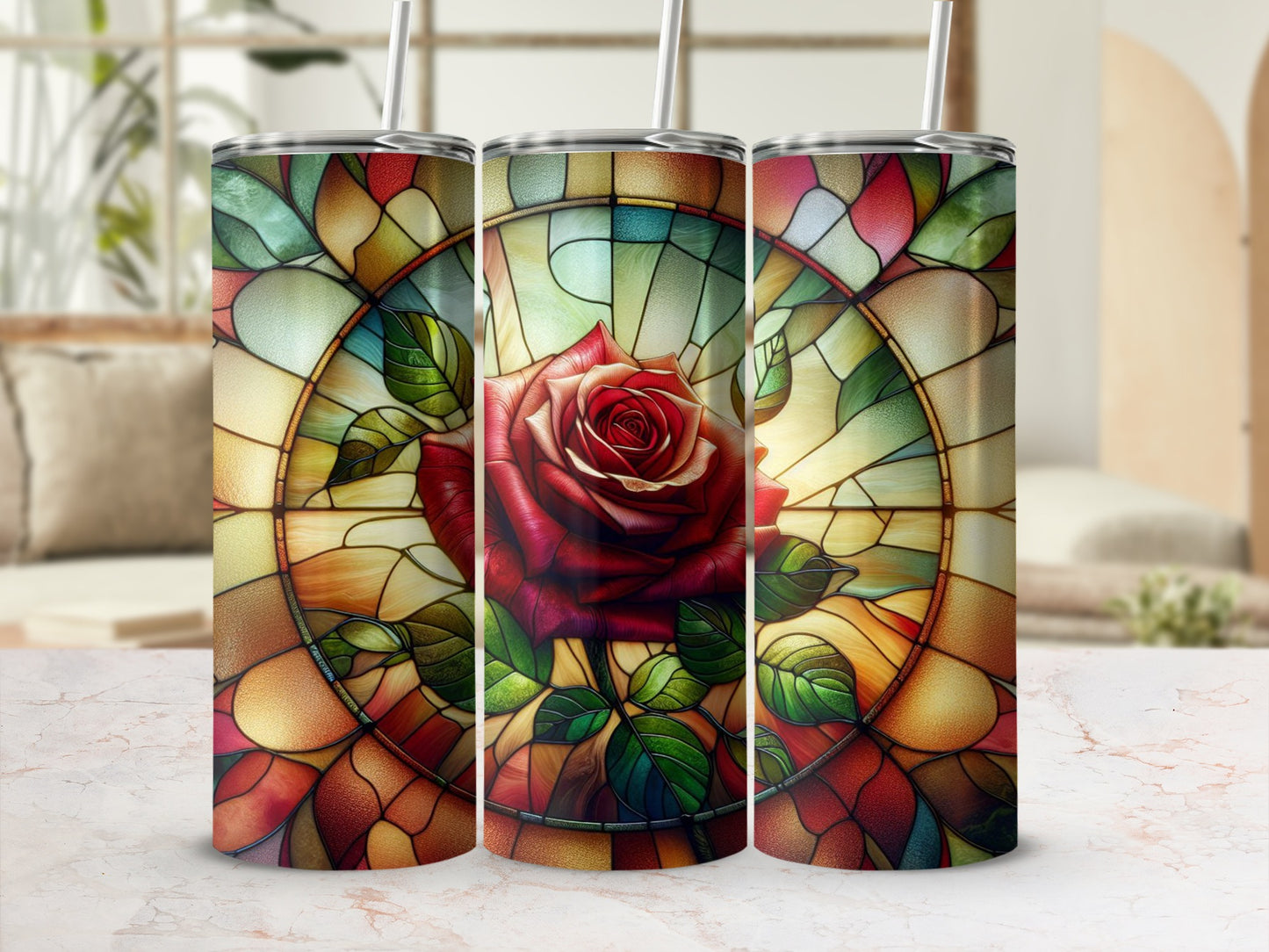 Stained glass tumbler with a red rose design.