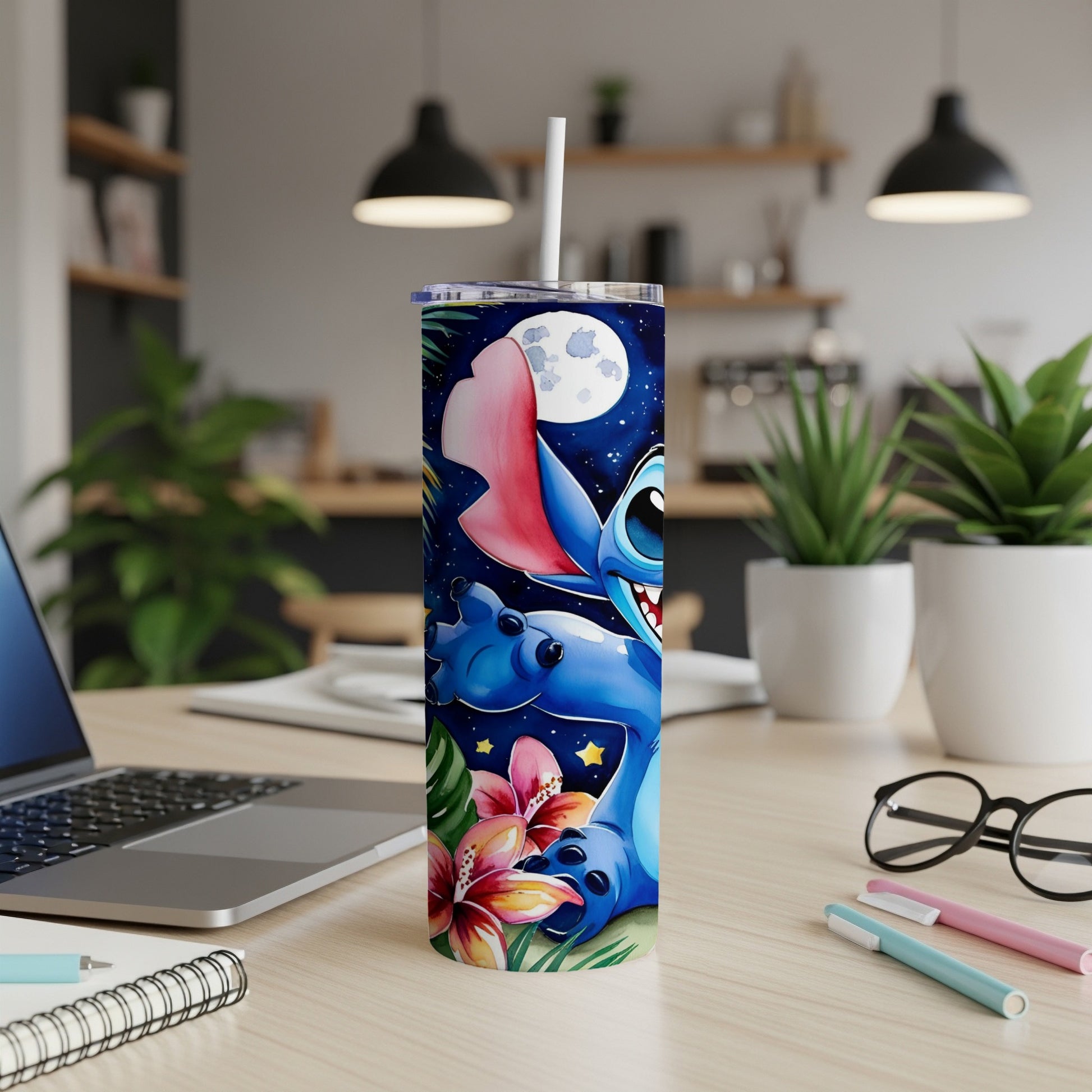 Stitch character design on a white tumbler with floral accents.