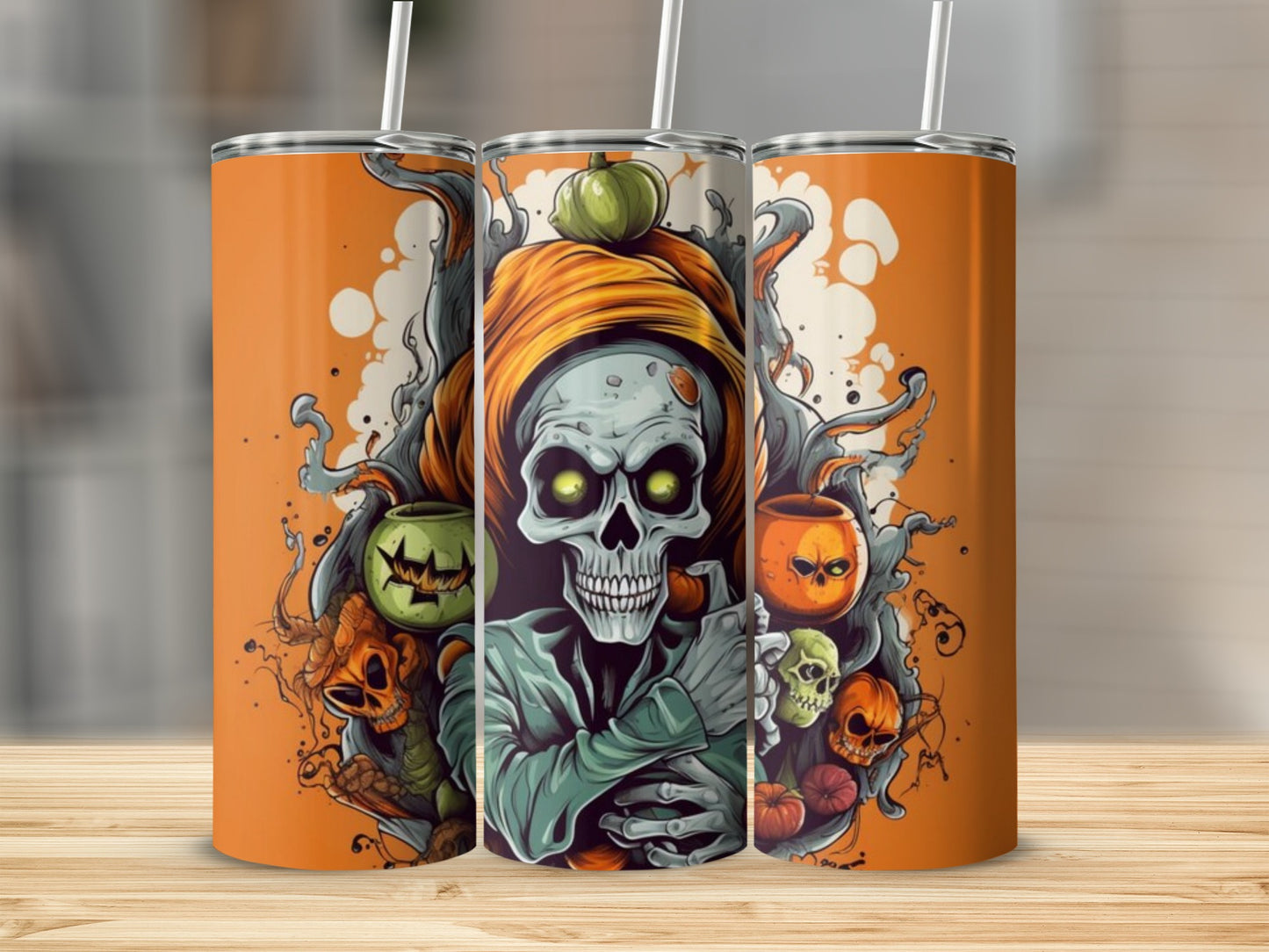 Spooky Halloween Skull and Pumpkin Design Tumbler