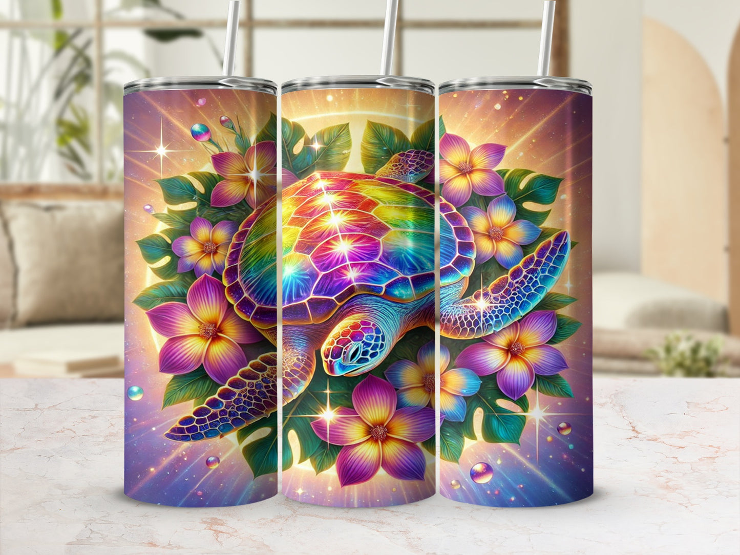 Vibrant Tropical Turtle and Flowers Design Tumbler
