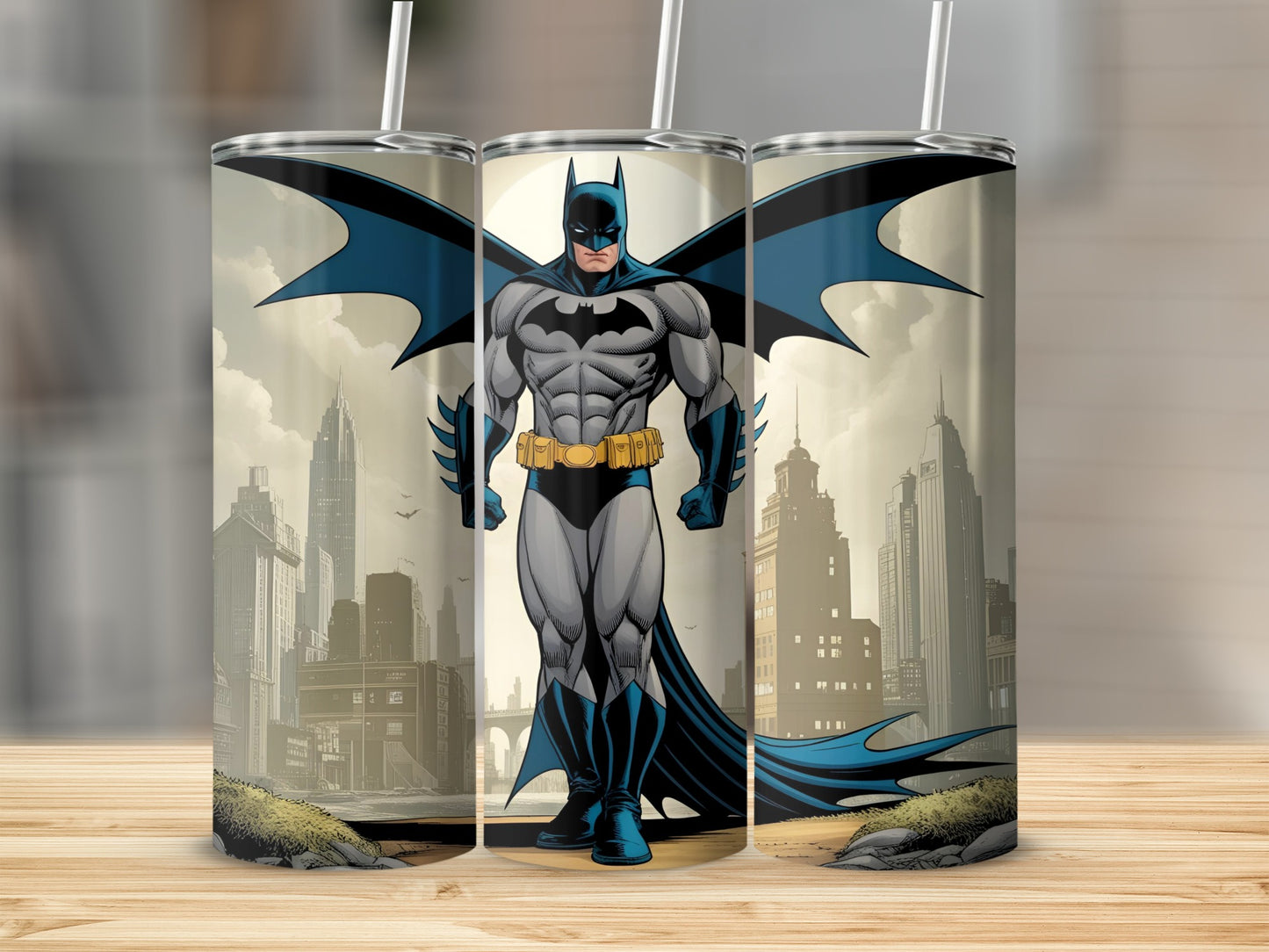 Batman character illustration with cityscape background on a tumbler.