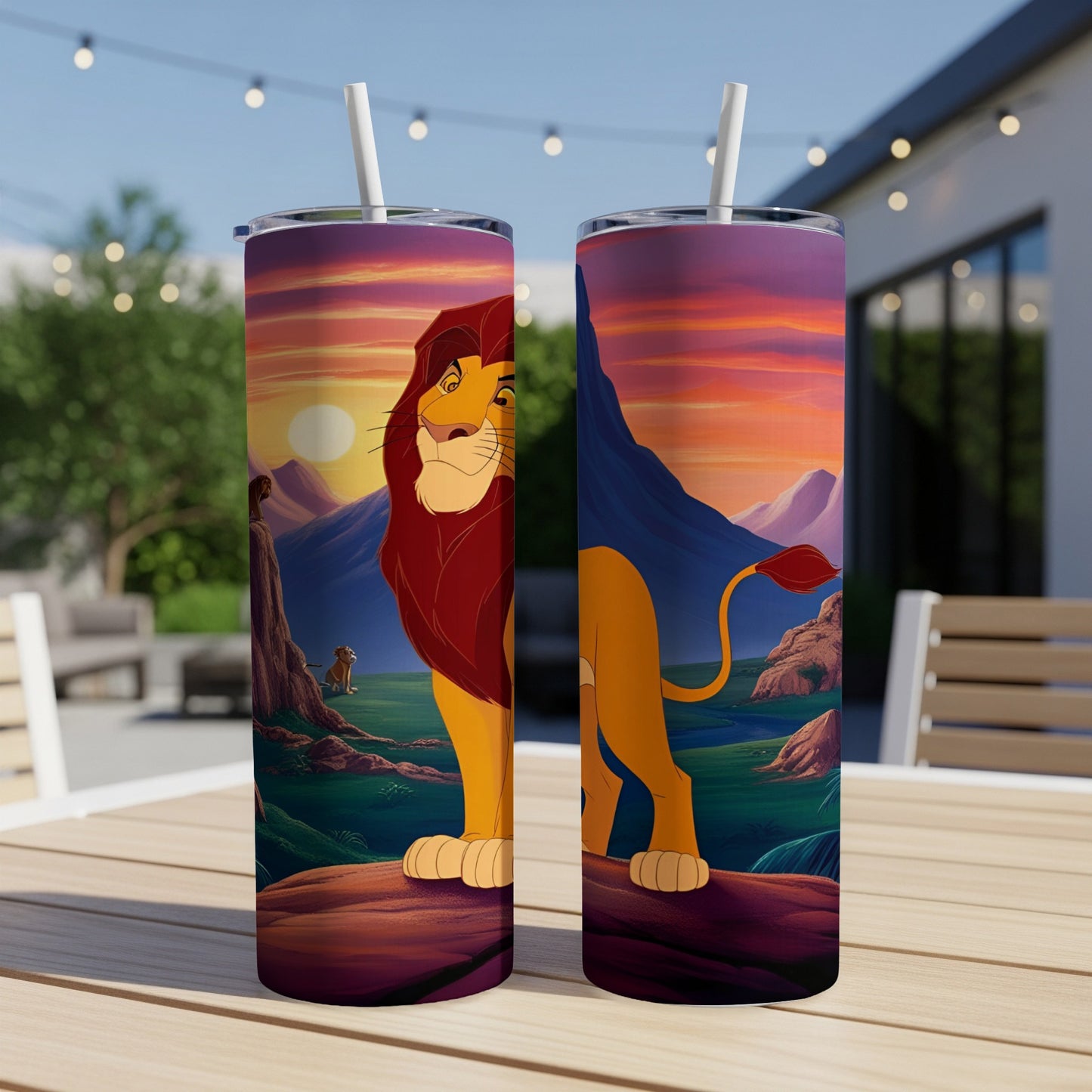 Two tumblers featuring Simba from The Lion King with a savanna sunset.