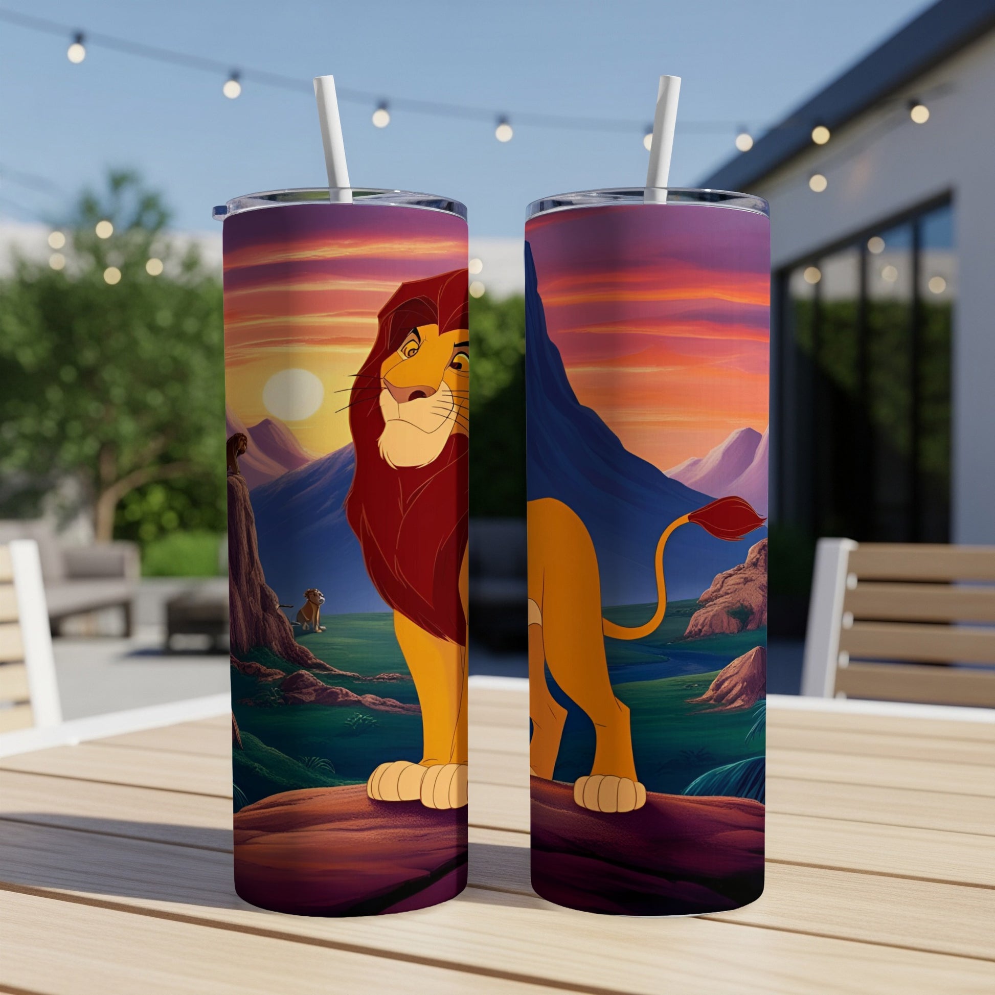 Two tumblers featuring Simba from The Lion King with a savanna sunset.