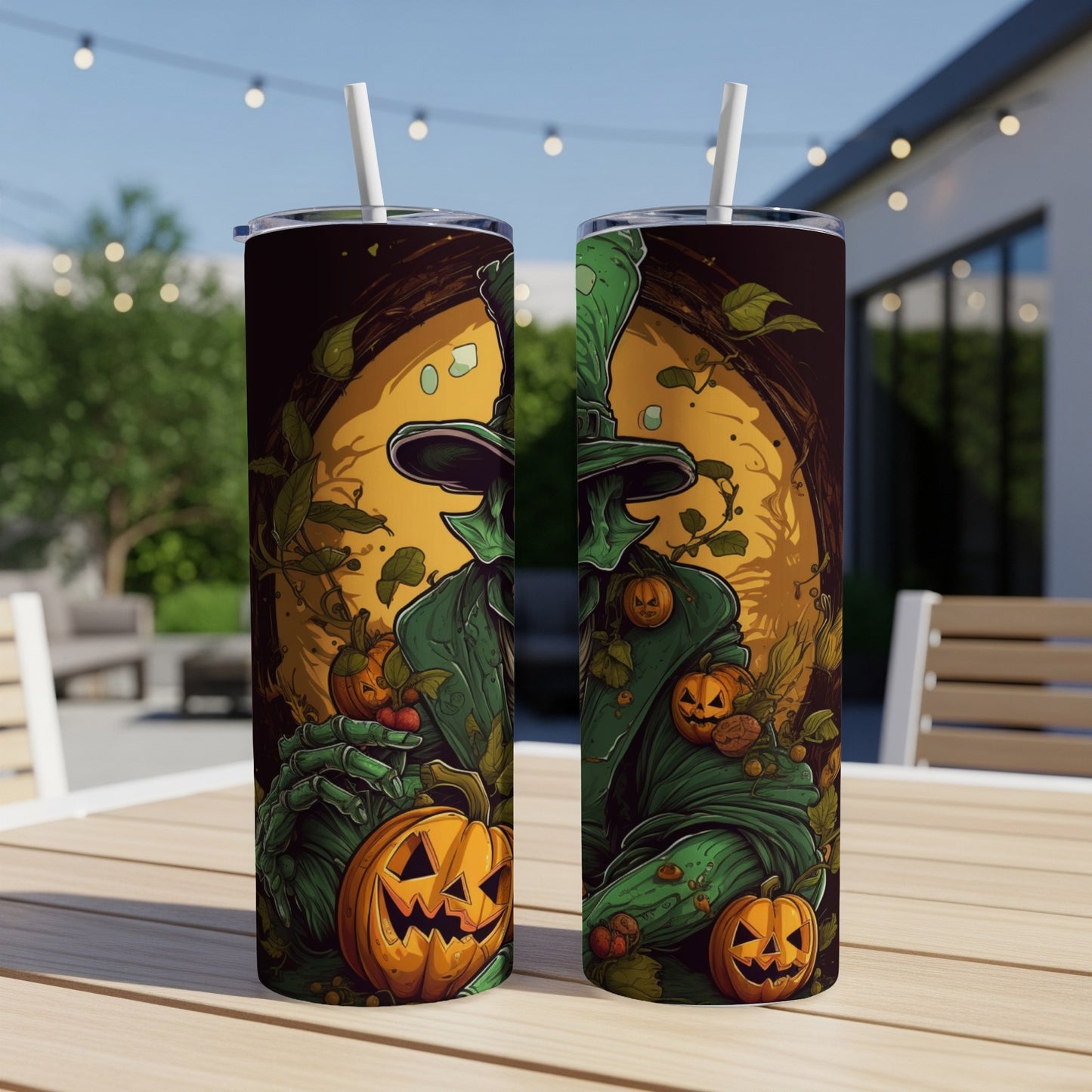 Two tumblers feature a green, cloaked figure with pumpkins on a yellow background.