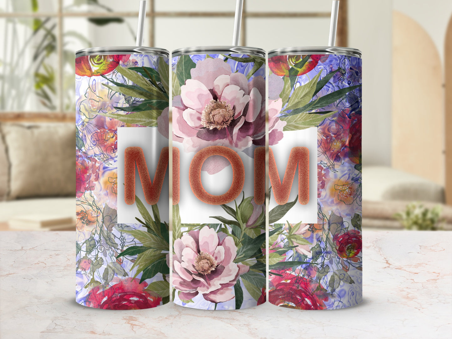 Floral tumbler with "Mom" text, ideal for a mother's gift.