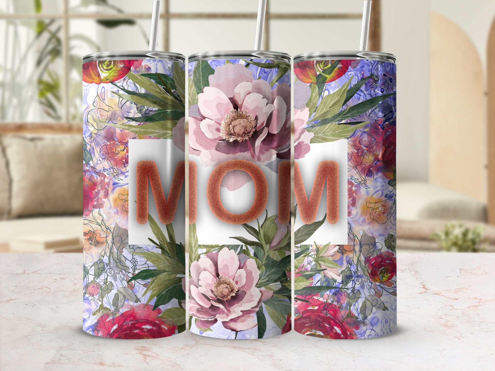 Floral tumbler with "Mom" text, ideal for a mother's gift.