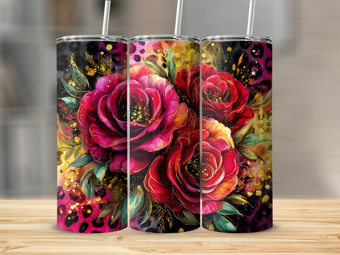 Vibrant Red Floral and Leopard Print Tumbler