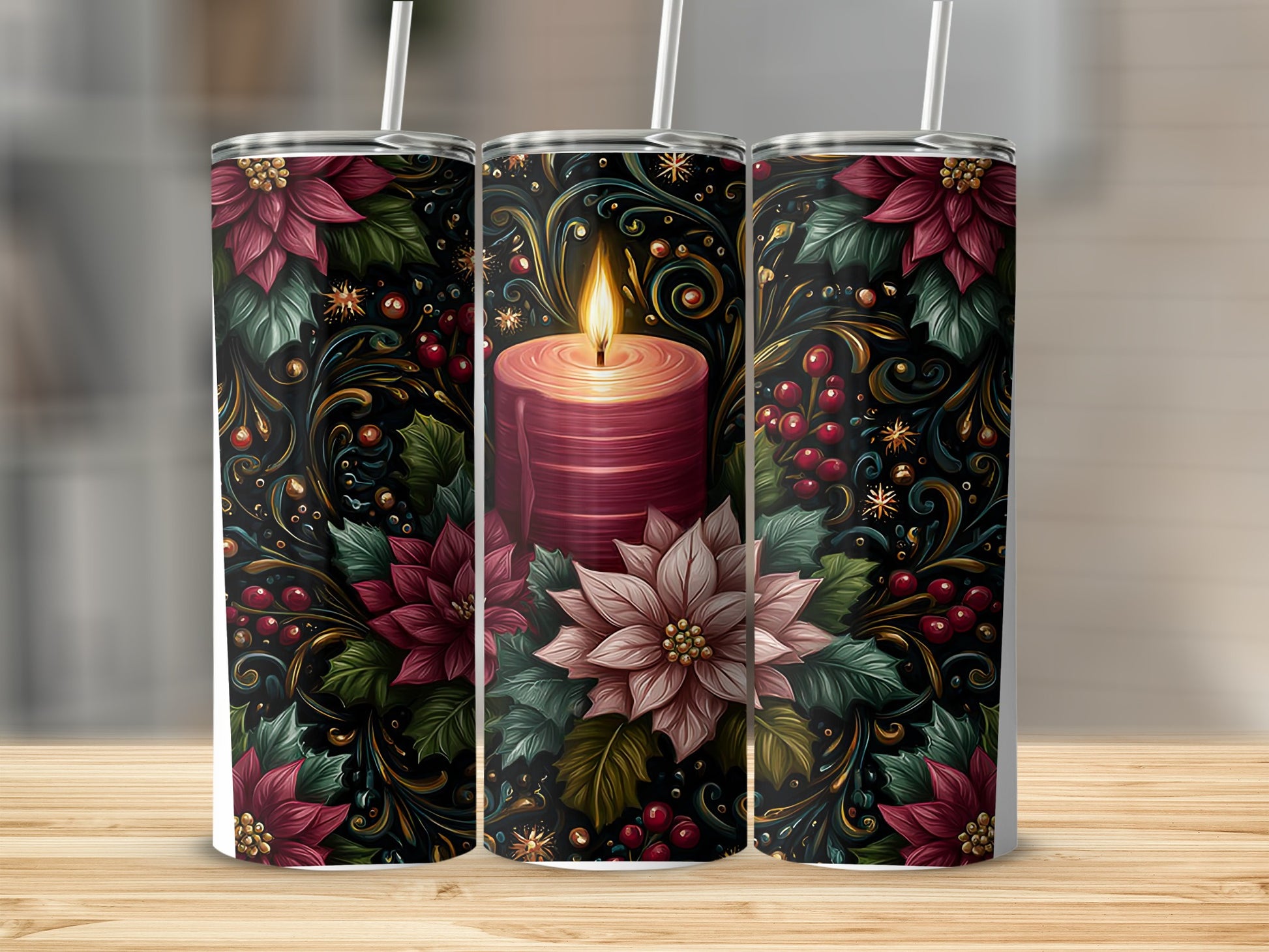 Festive Floral Candle Pattern Tumbler